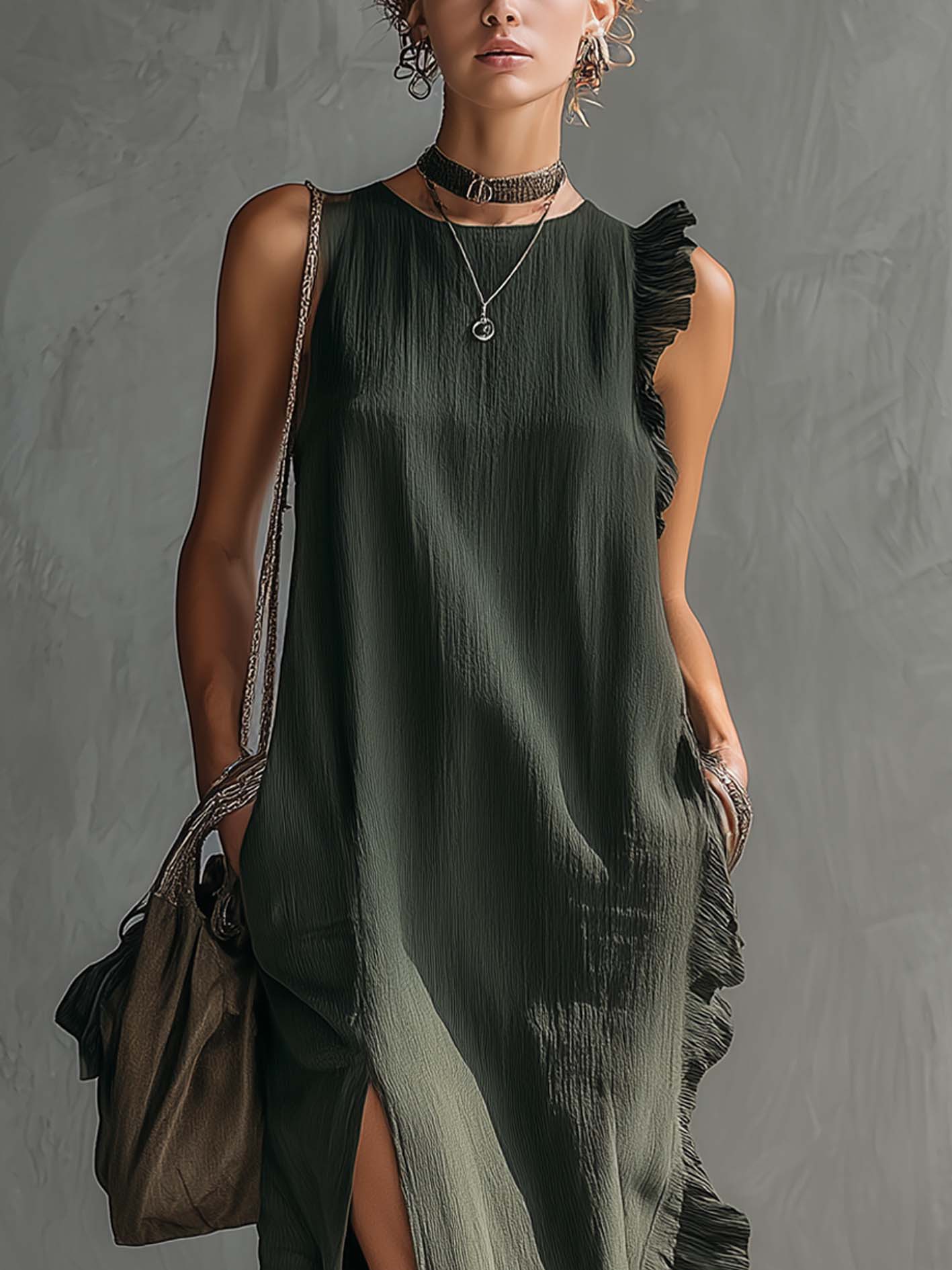 Dark Green Cotton Linen Sleeveless Ruffled Splice Maxi Dress With Side Slit