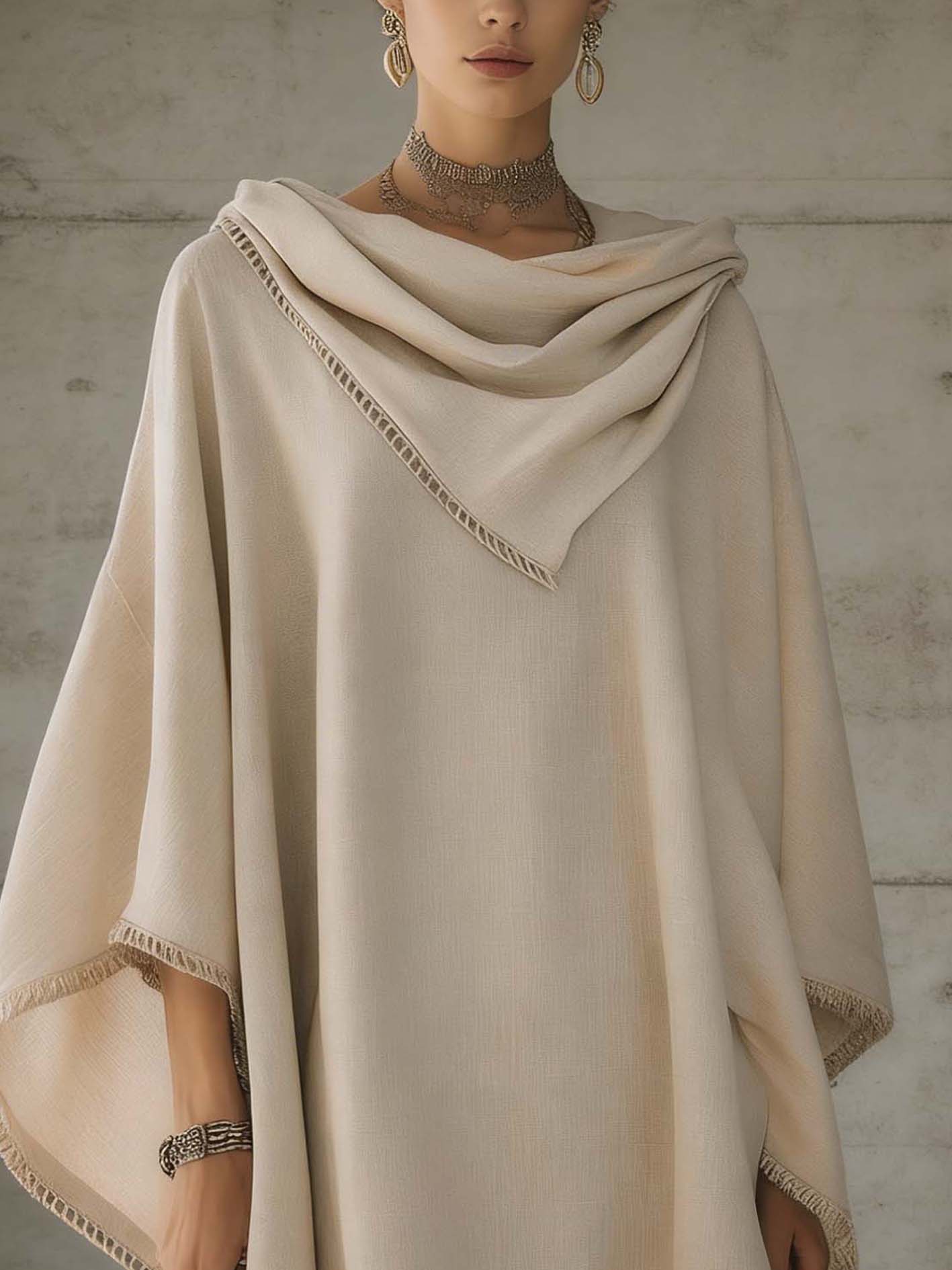 Beige Pleated Edge Batwing Sleeve Cotton-Linen Mini Dress