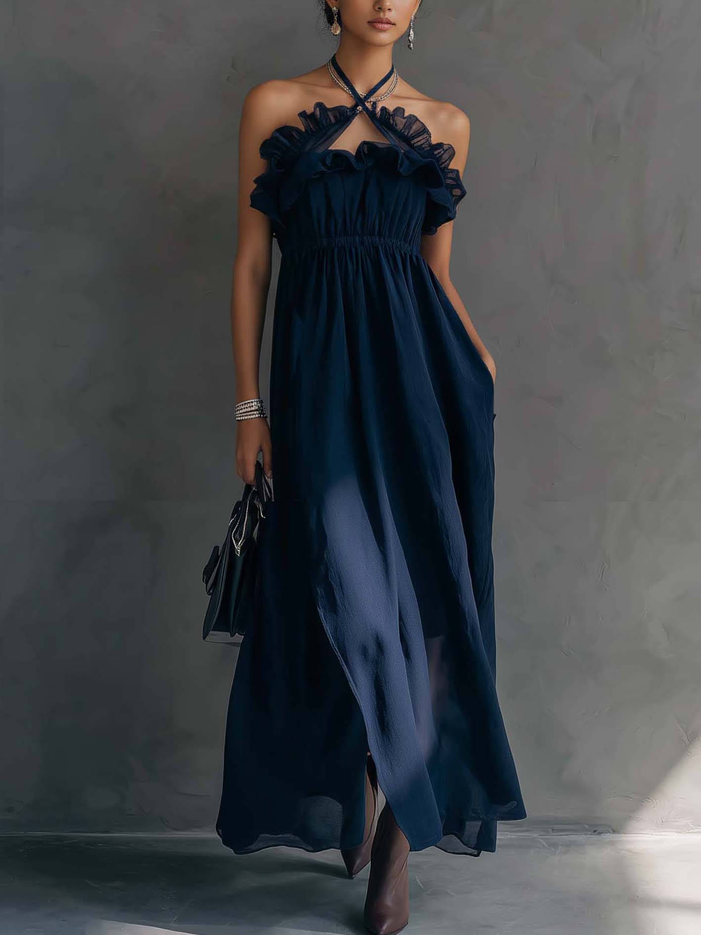 Navy Chiffon Ruffle Halter Sleeveless Maxi Dress With Side Slit