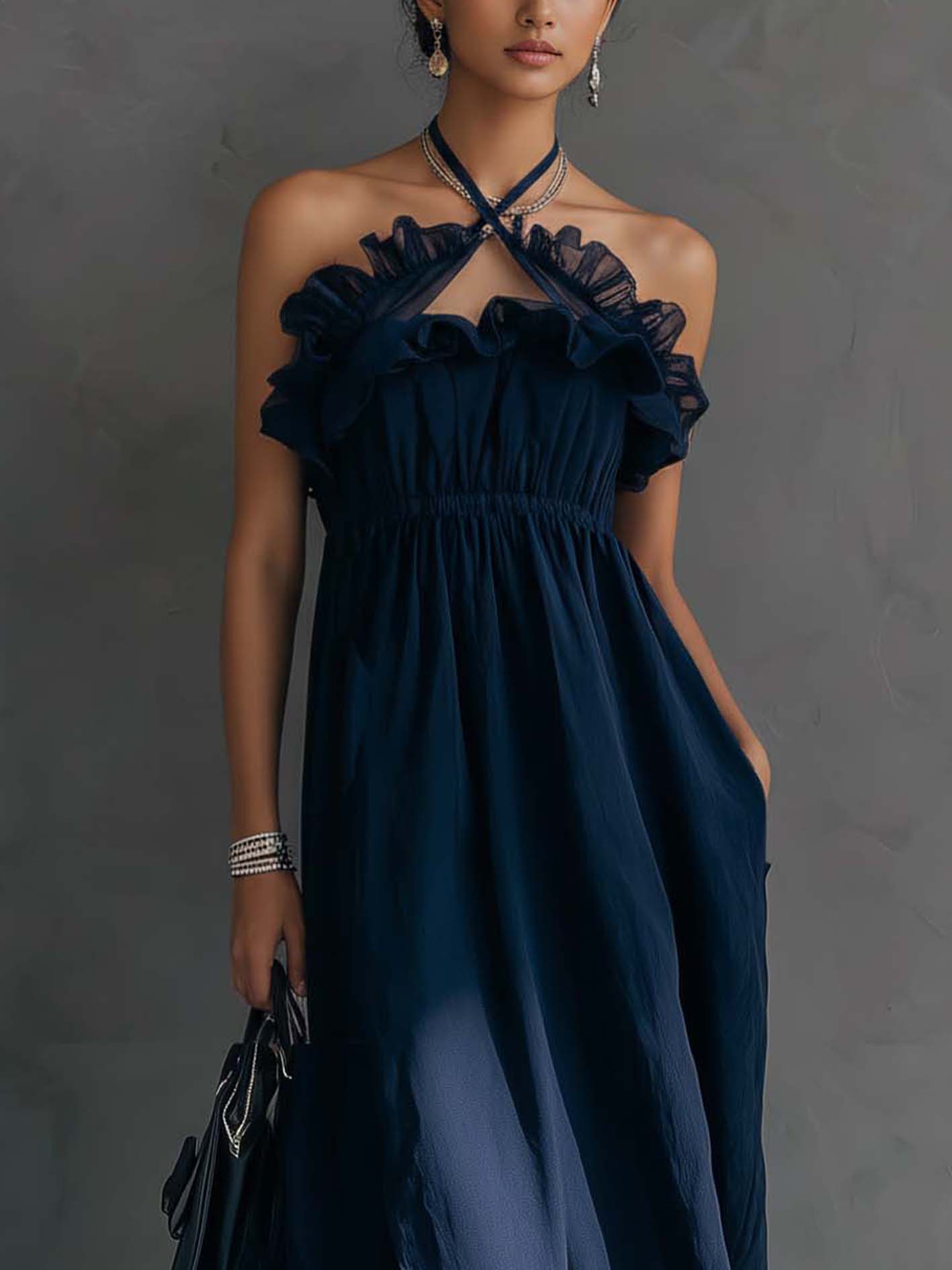 Navy Chiffon Ruffle Halter Sleeveless Maxi Dress With Side Slit