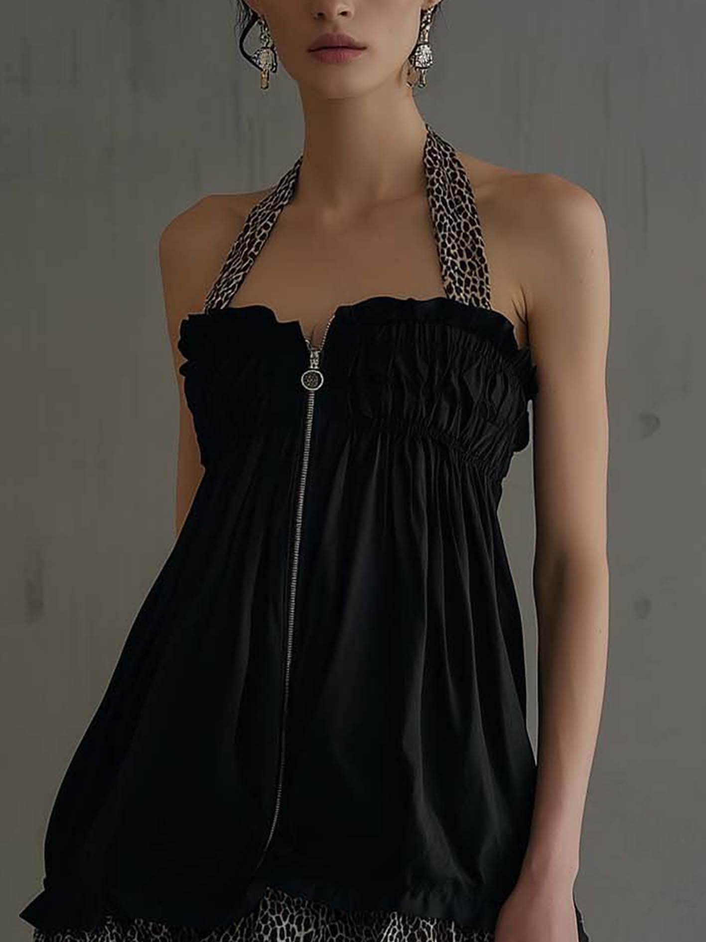 Black Halter Zip-Up Mini Dress With Leopard Print Patchwork Hem