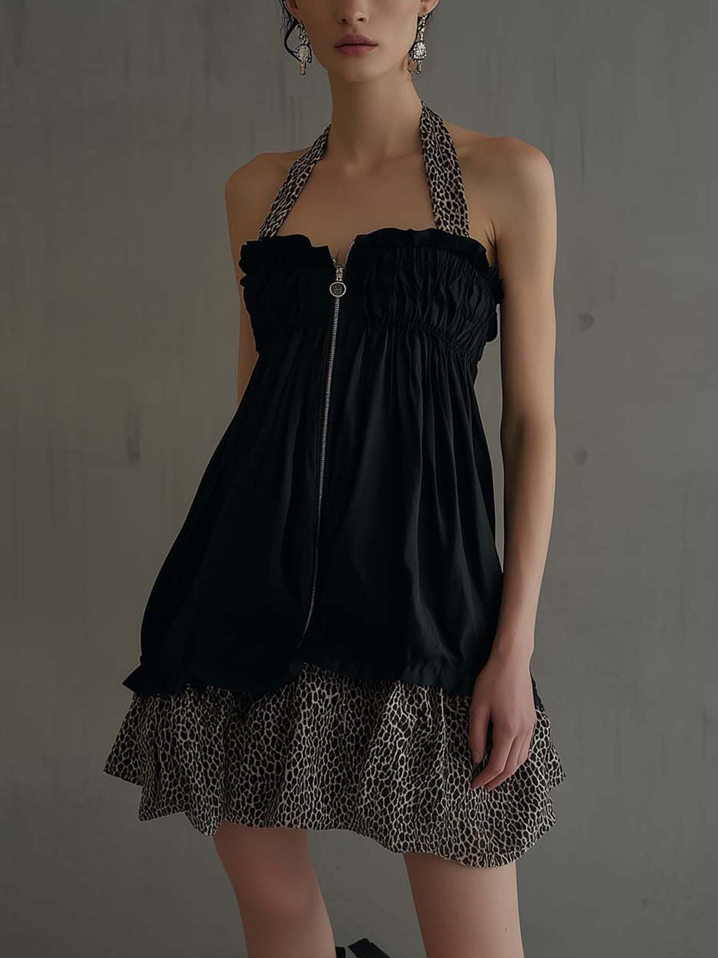 Black Halter Zip-Up Mini Dress With Leopard Print Patchwork Hem