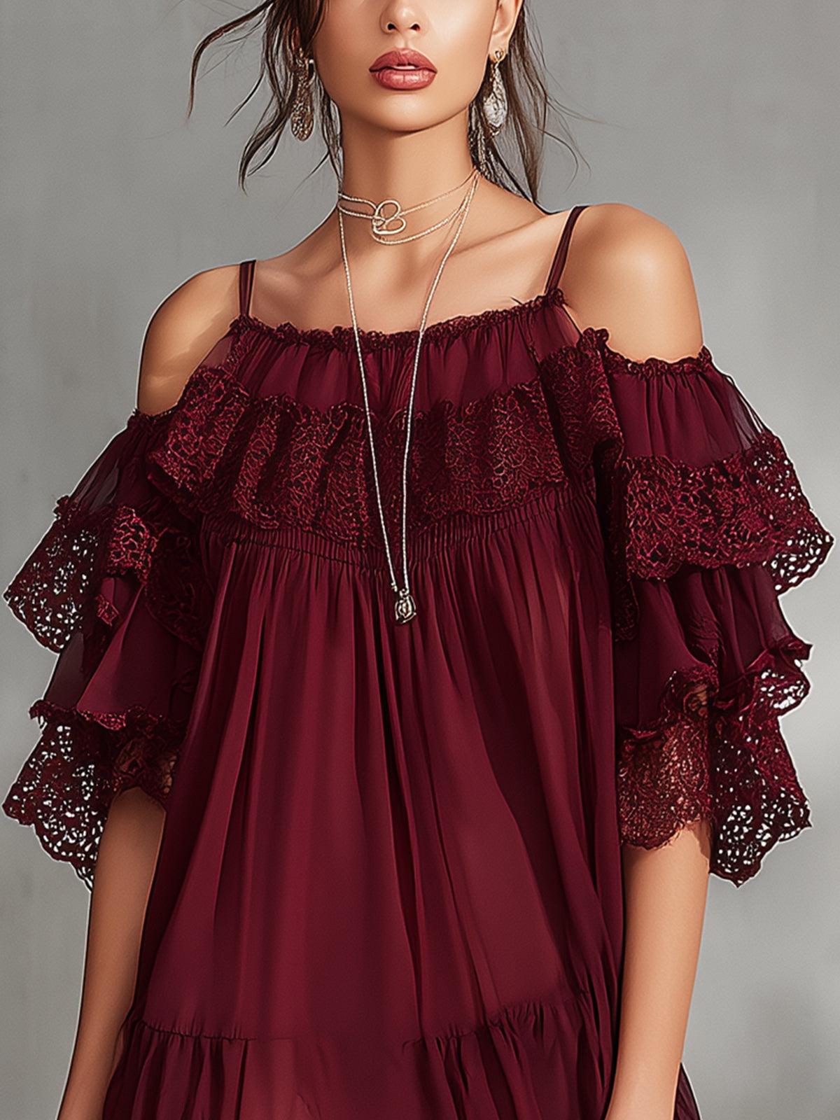 Burgundy Off-Shoulder Ruffled Lace Trim Mini Dress