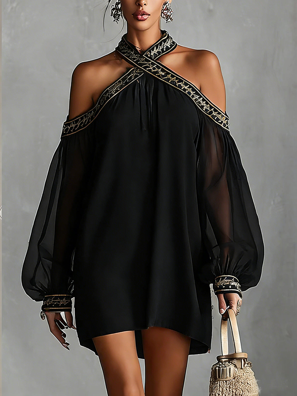 Navy Off-Shoulder Chiffon Mini Dress