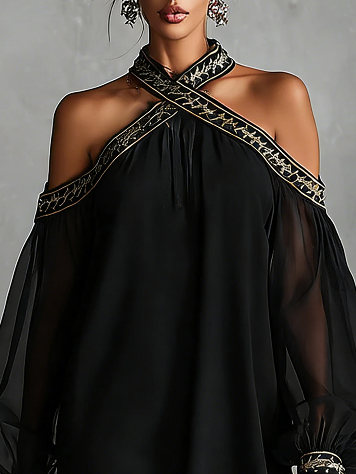 Navy Off-Shoulder Chiffon Mini Dress