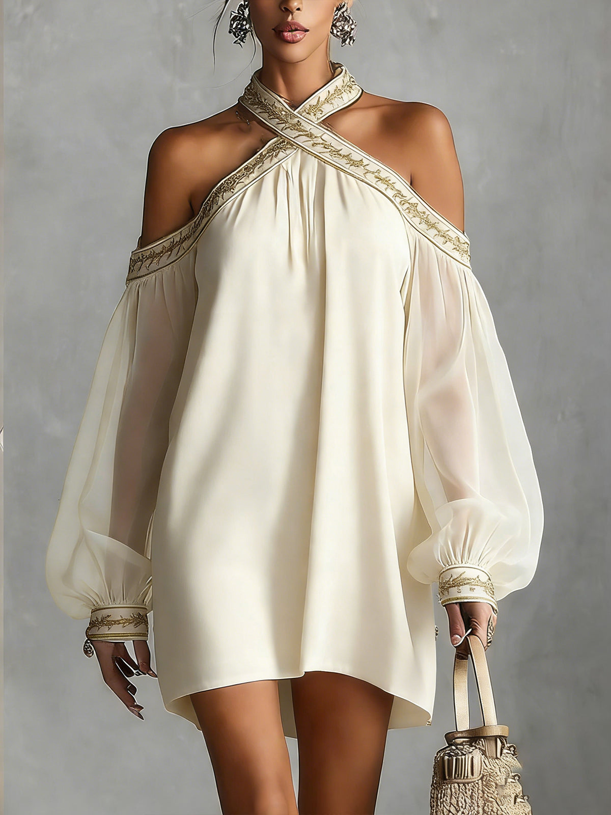 Navy Off-Shoulder Chiffon Mini Dress