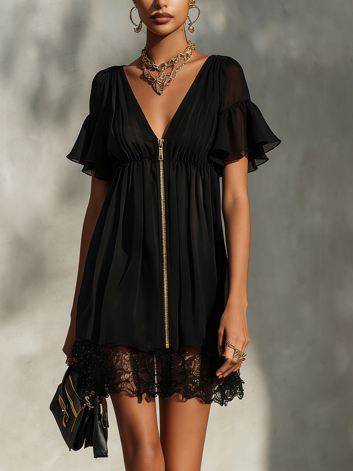 Black V-Neck Mini Dress With Ruffle Sleeves