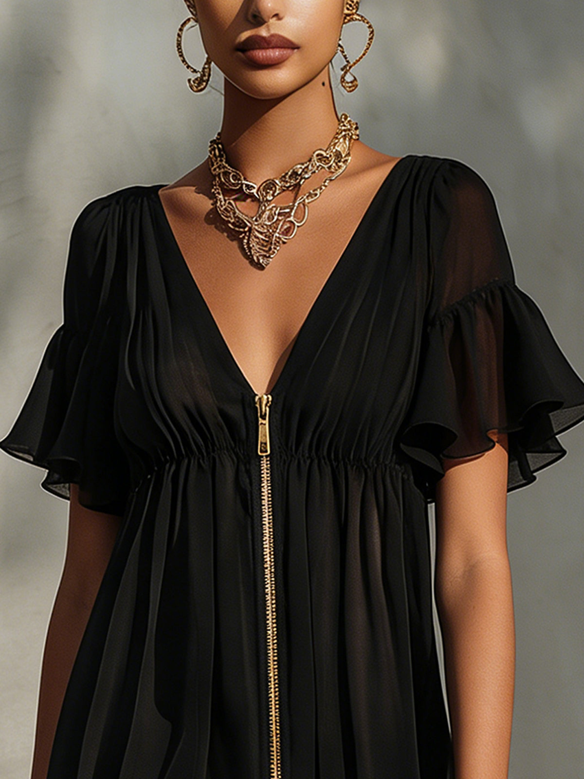 Black V-Neck Mini Dress With Ruffle Sleeves