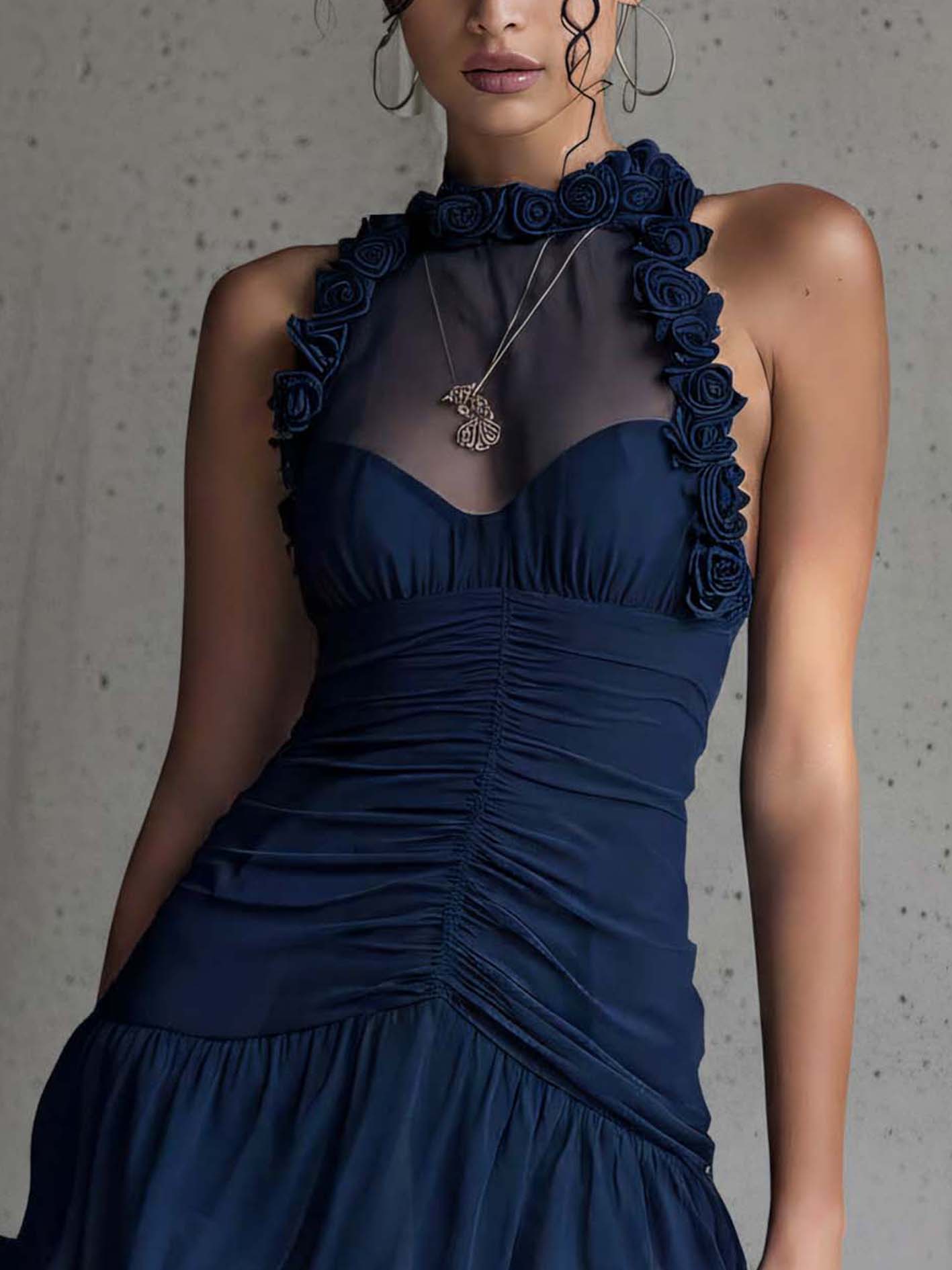 Navy Ruched Mesh Patchwork 3D Floral Sleeveless Mini Dress