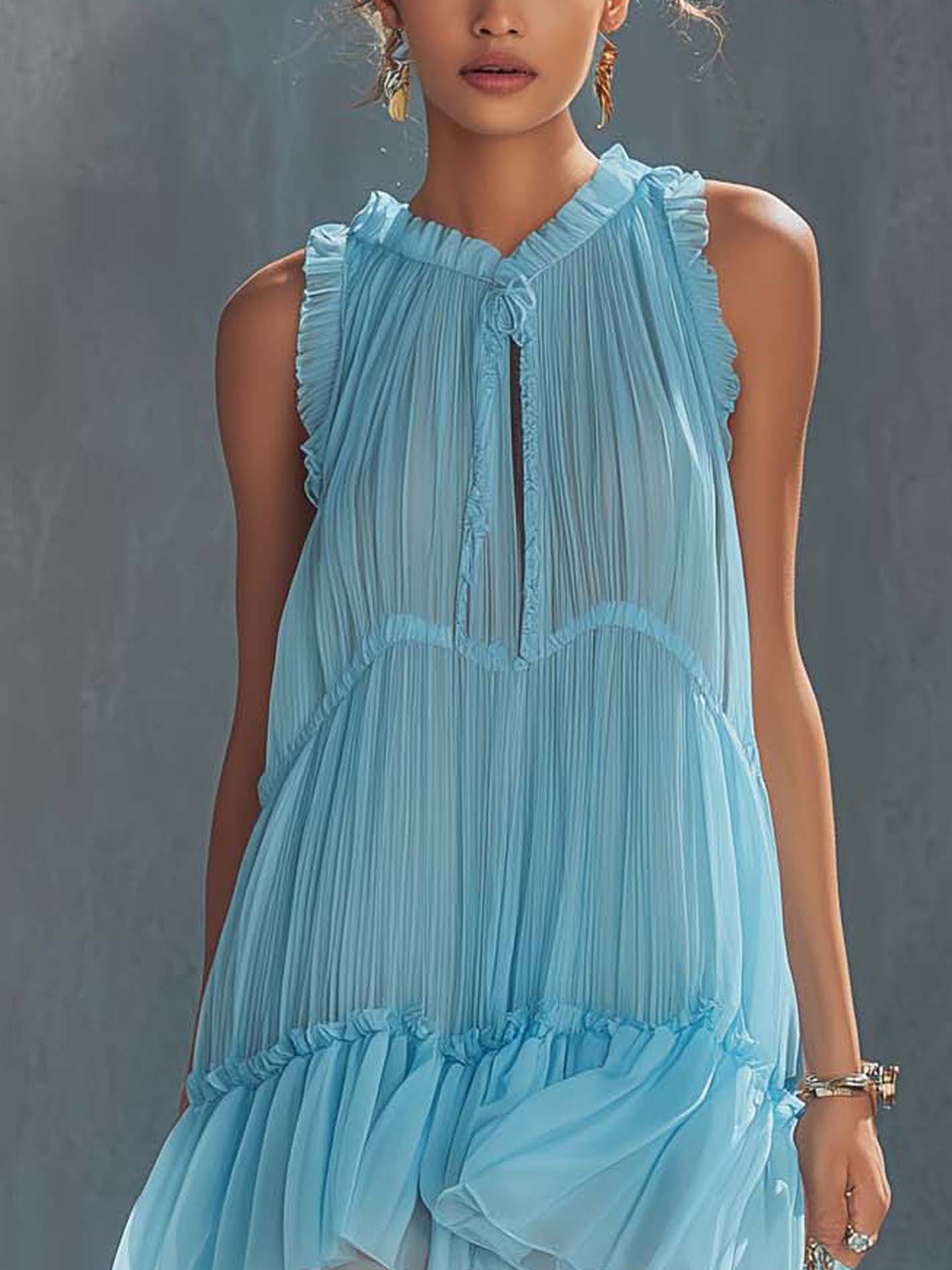 Sky Blue Chiffon Ruffled Patchwork Sleeveless Mini Dress