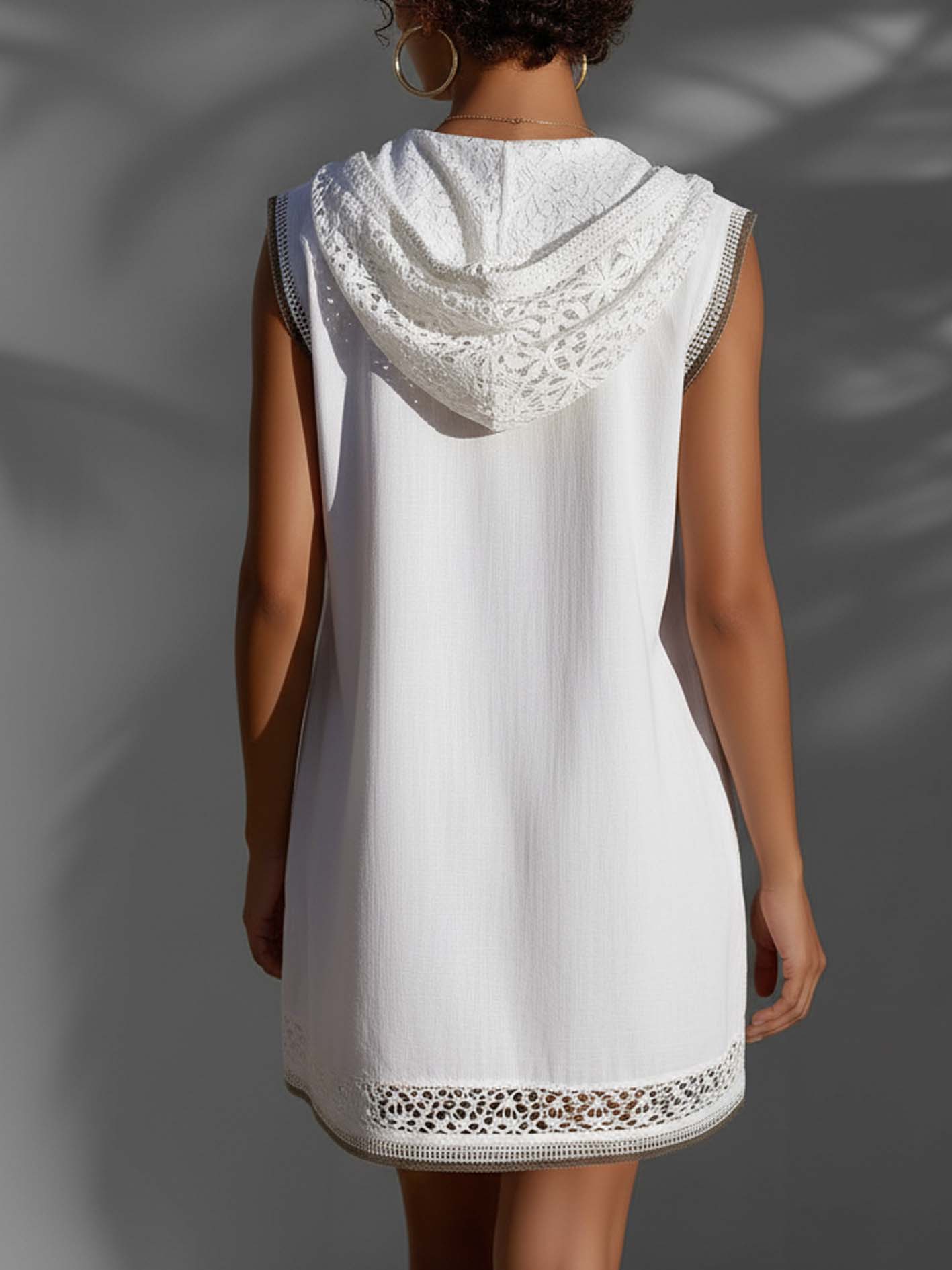 White Cotton Linen Lace Trim And Lace Hooded Mini Dress