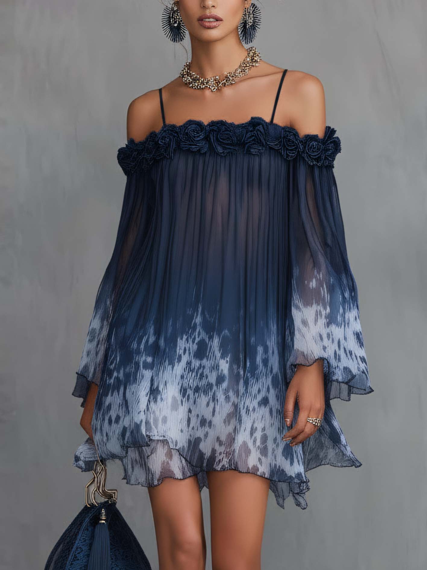 Gradient Navy Blue Chiffon 3D Floral Mini Spaghetti Strap Dress