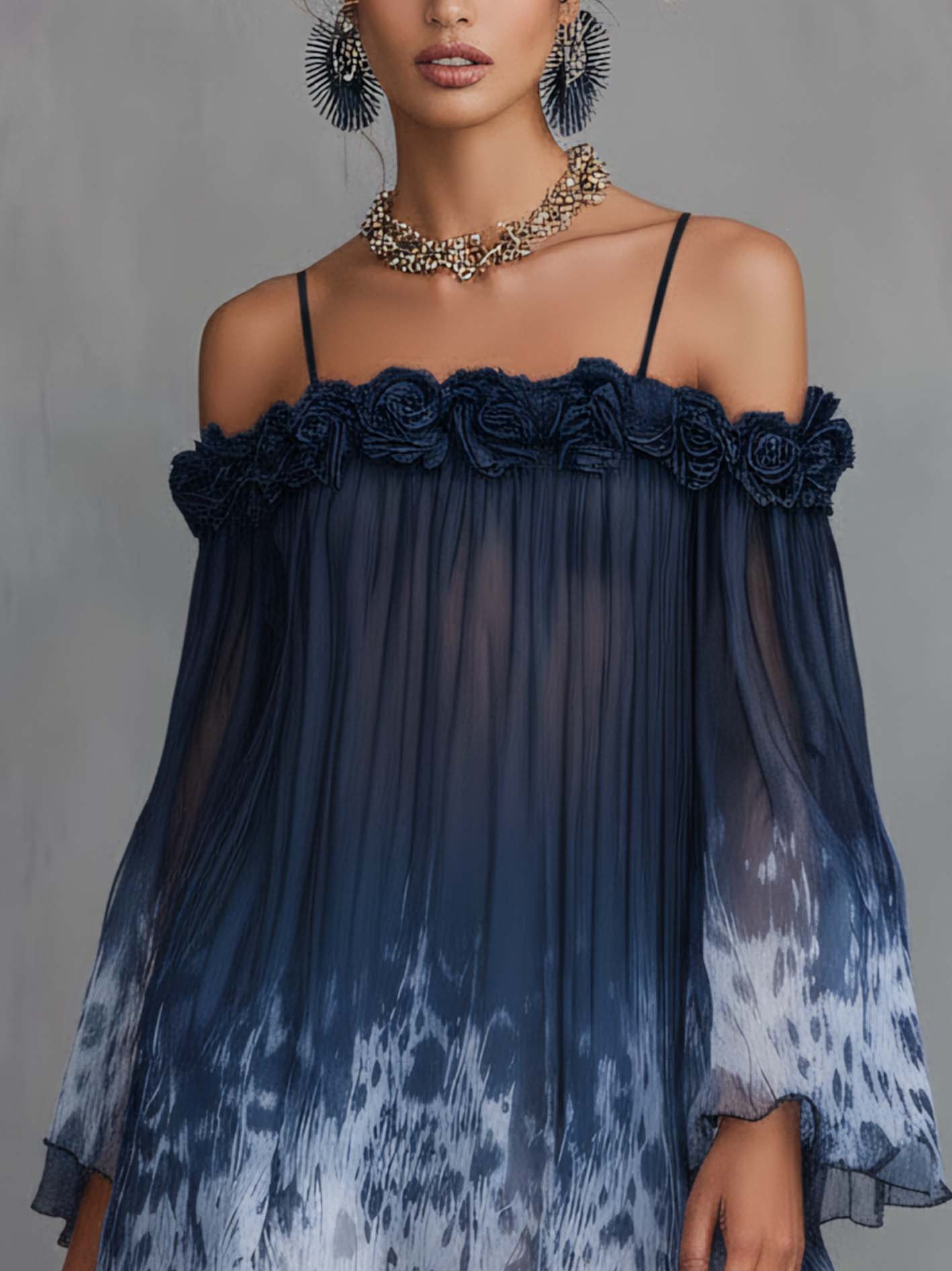 Gradient Navy Blue Chiffon 3D Floral Mini Spaghetti Strap Dress