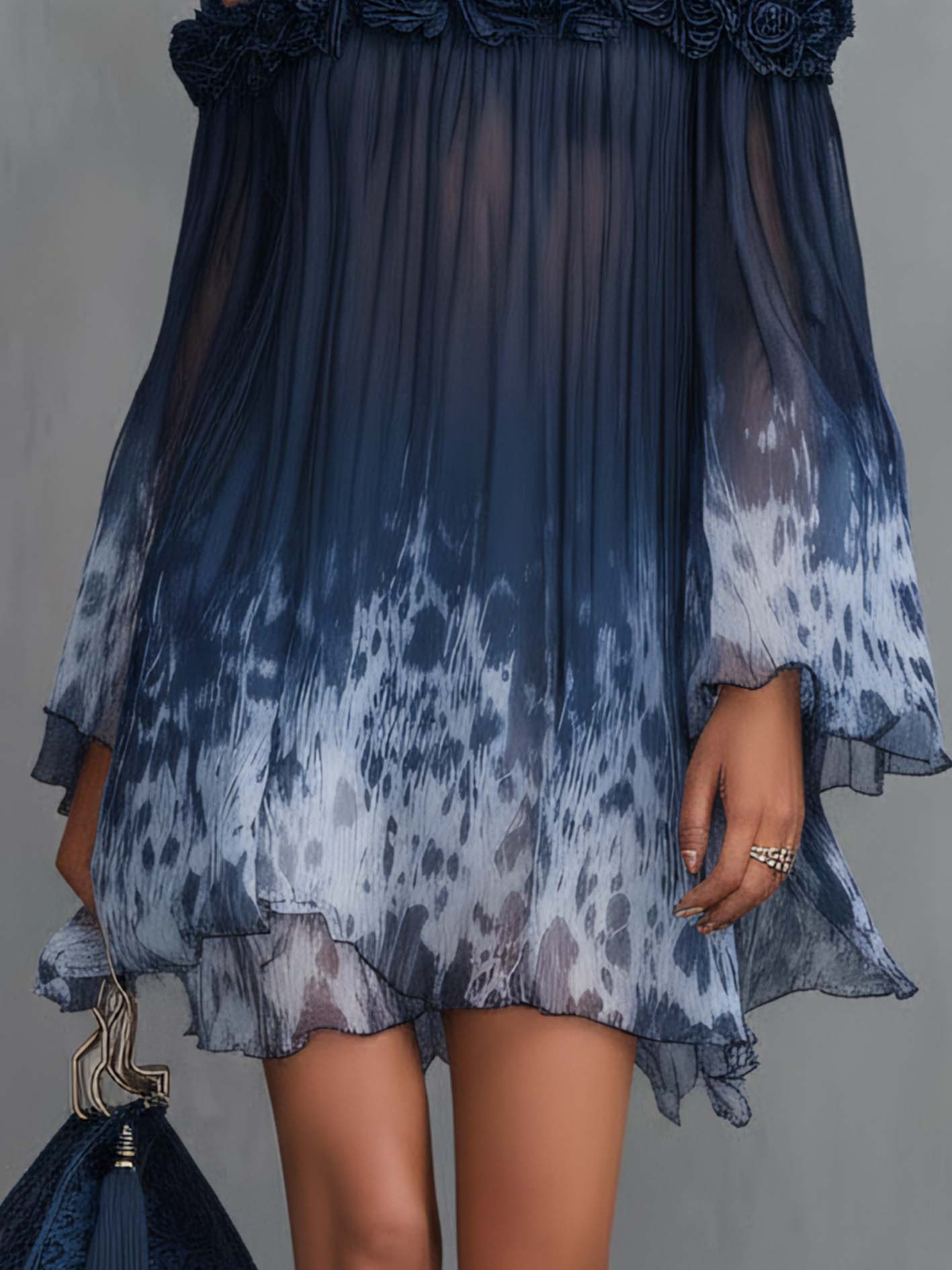 Gradient Navy Blue Chiffon 3D Floral Mini Spaghetti Strap Dress