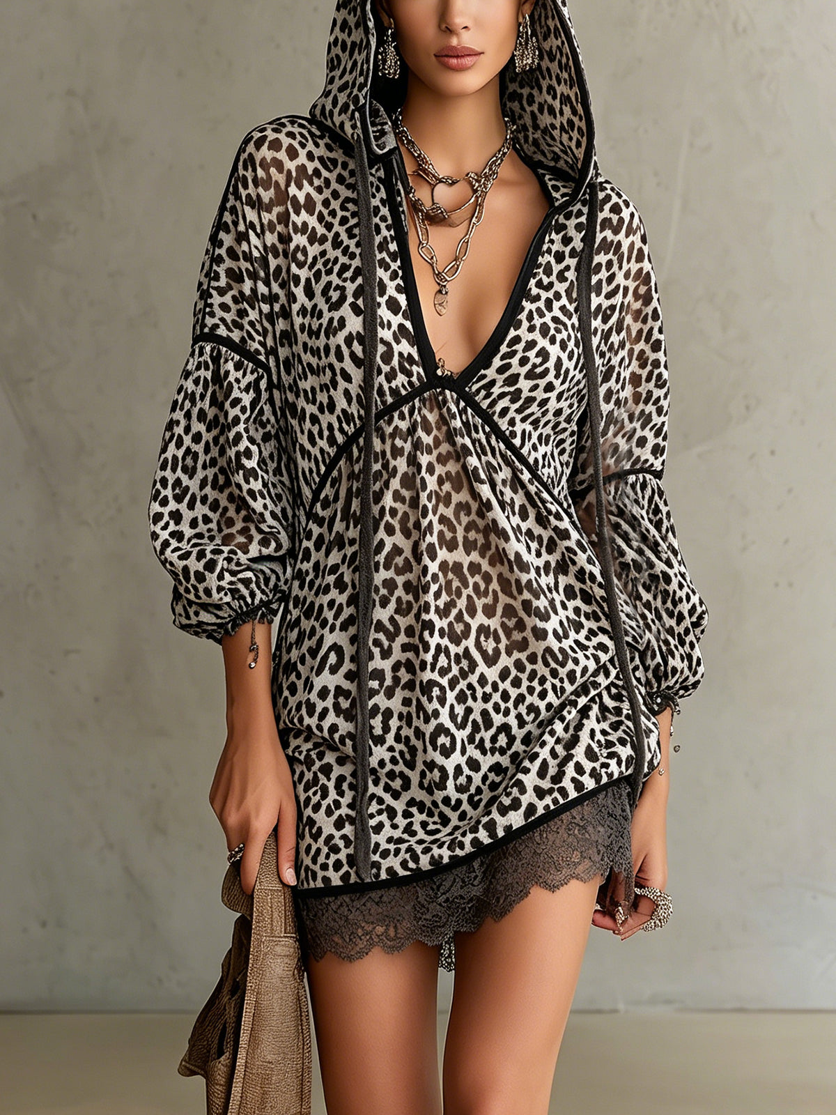 Leopard Print Sheer Hooded Long Sleeve Mini Dress
