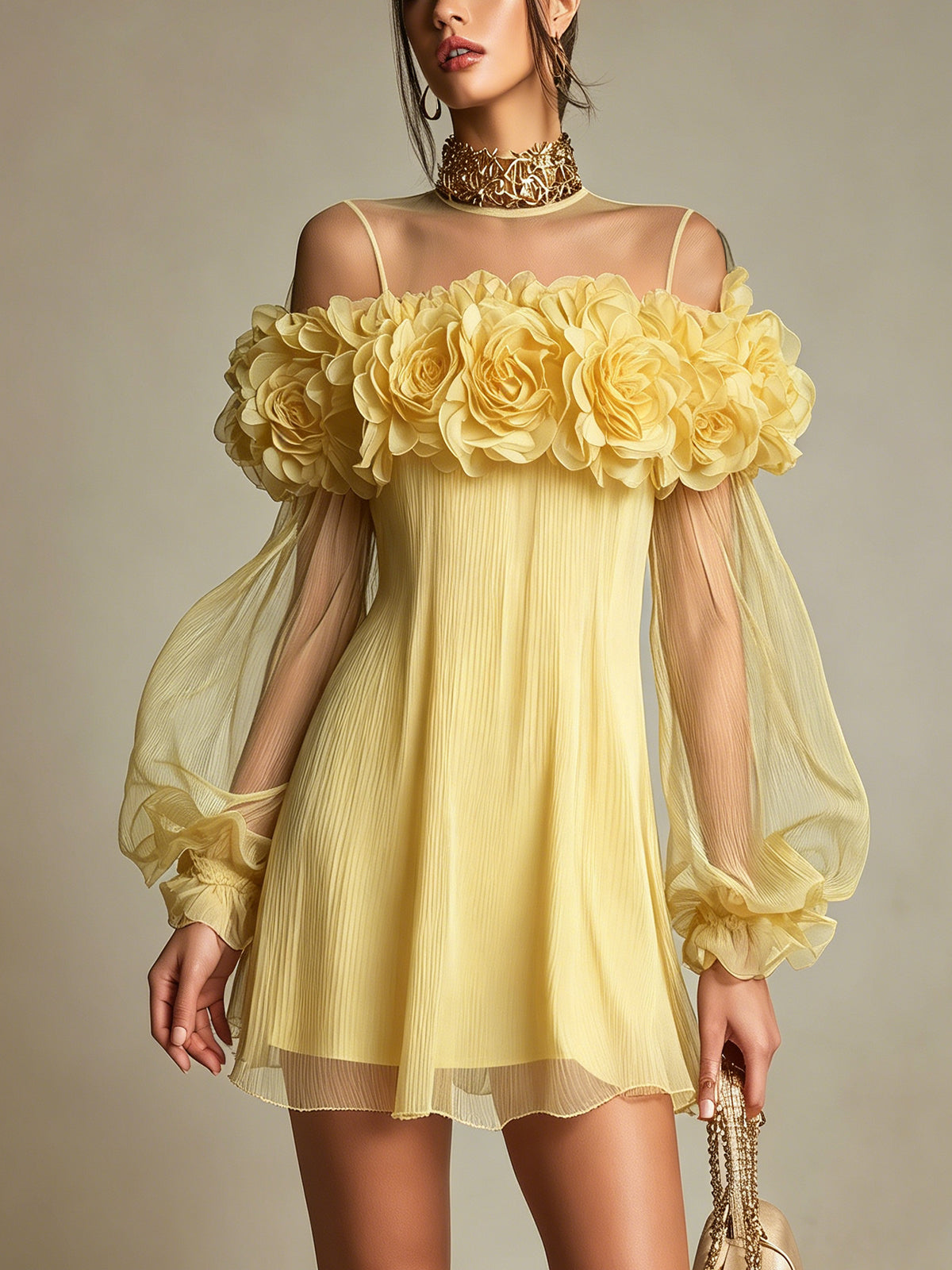 Yellow 3D Floral Pleated Chiffon Mini Dress