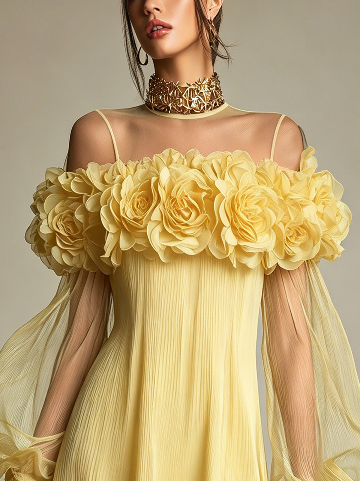 Yellow 3D Floral Pleated Chiffon Mini Dress