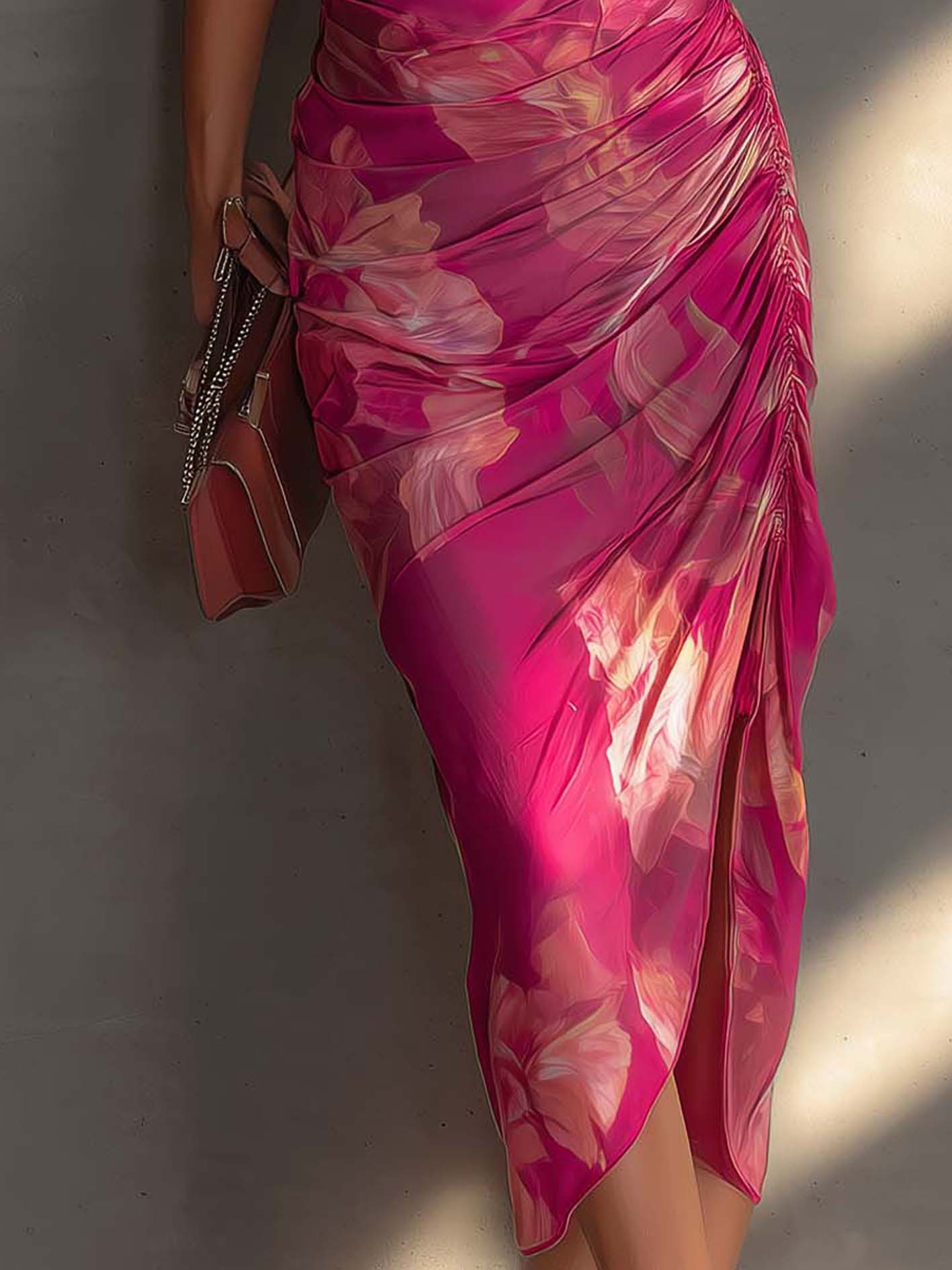 Hot Pink Floral Print Sleeveless Ruched Side Split Bodycon Dress