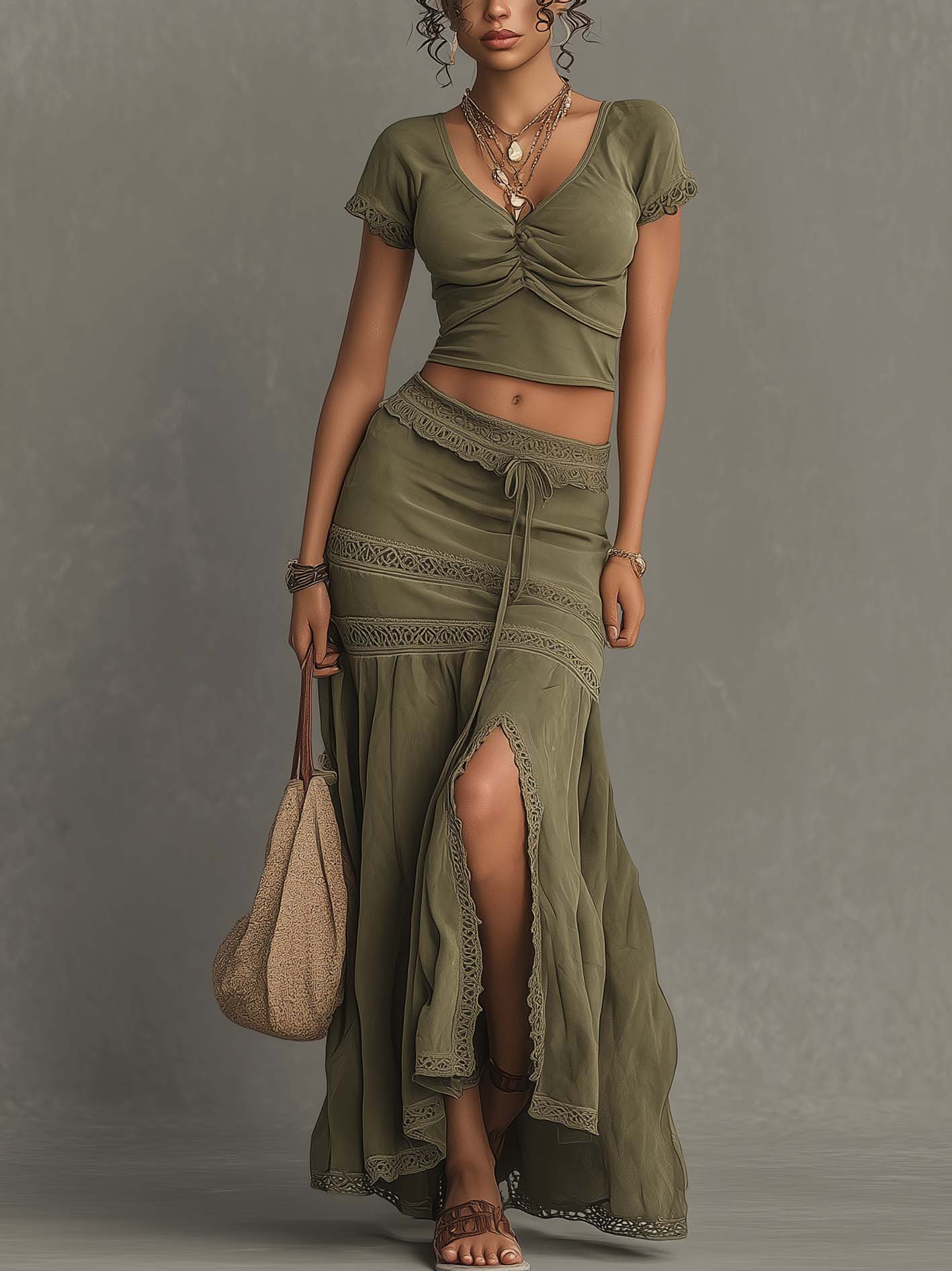 Olive Green Lace Trim Two-Piece Set
