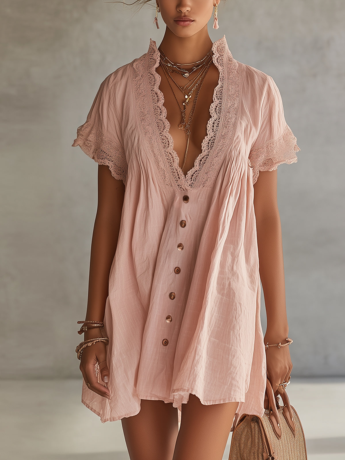 Pink Lace Trim Button-Down Mini Dress