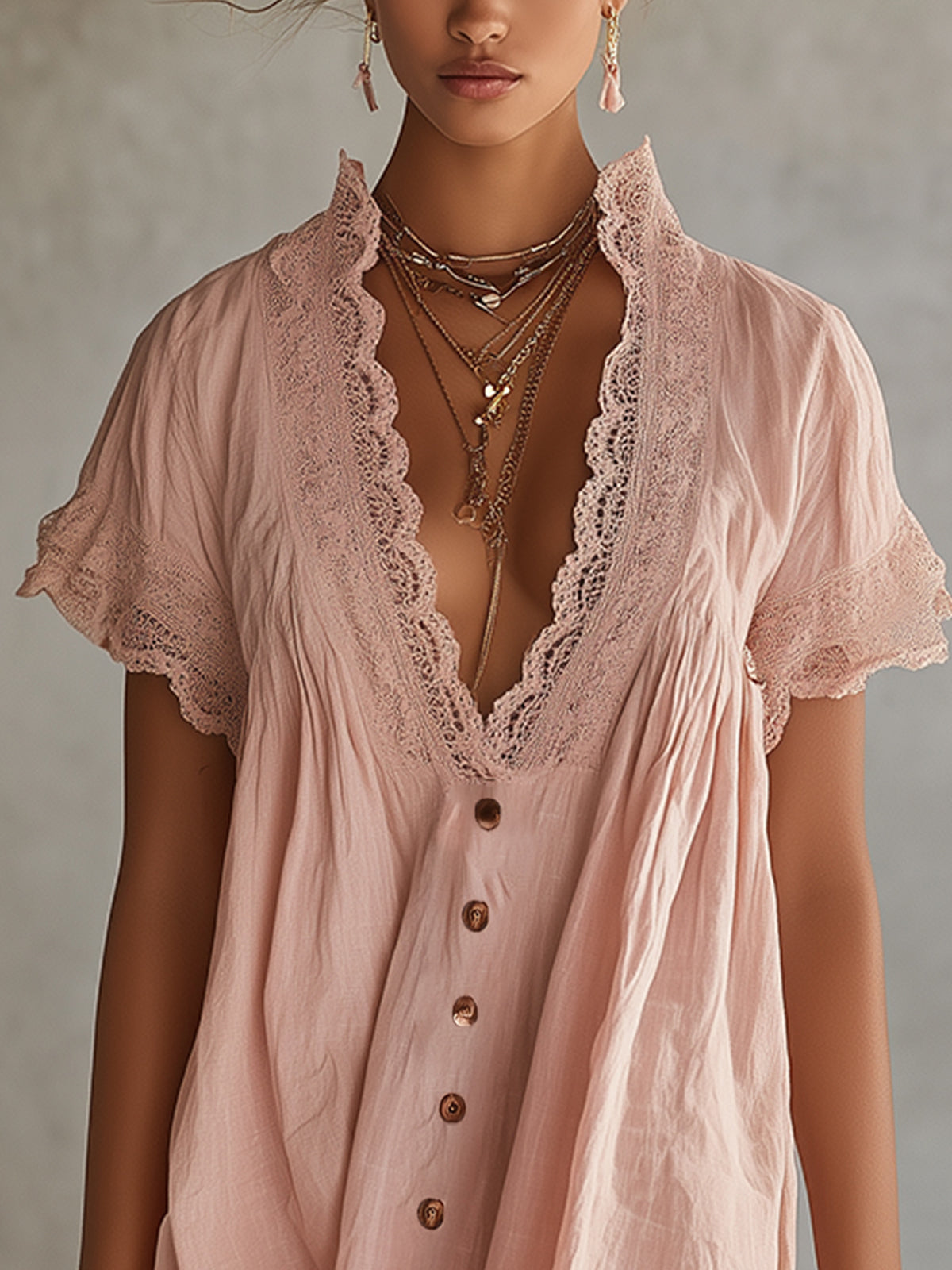Pink Lace Trim Button-Down Mini Dress
