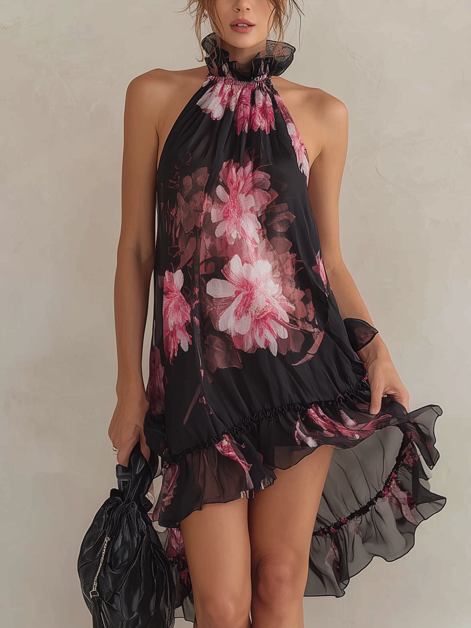Black Chiffon Floral Sleeveless Mini Dress