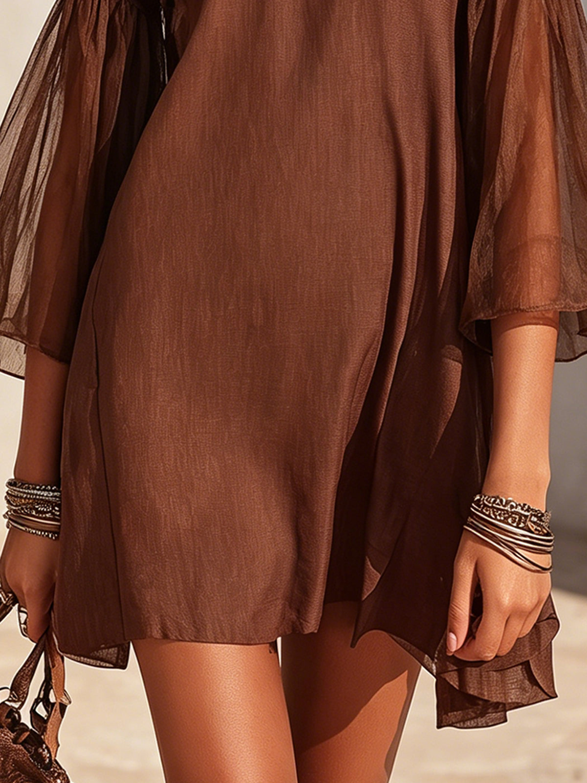 Brown Sheer Bell Sleeve Cotton-Linen Mini Dress