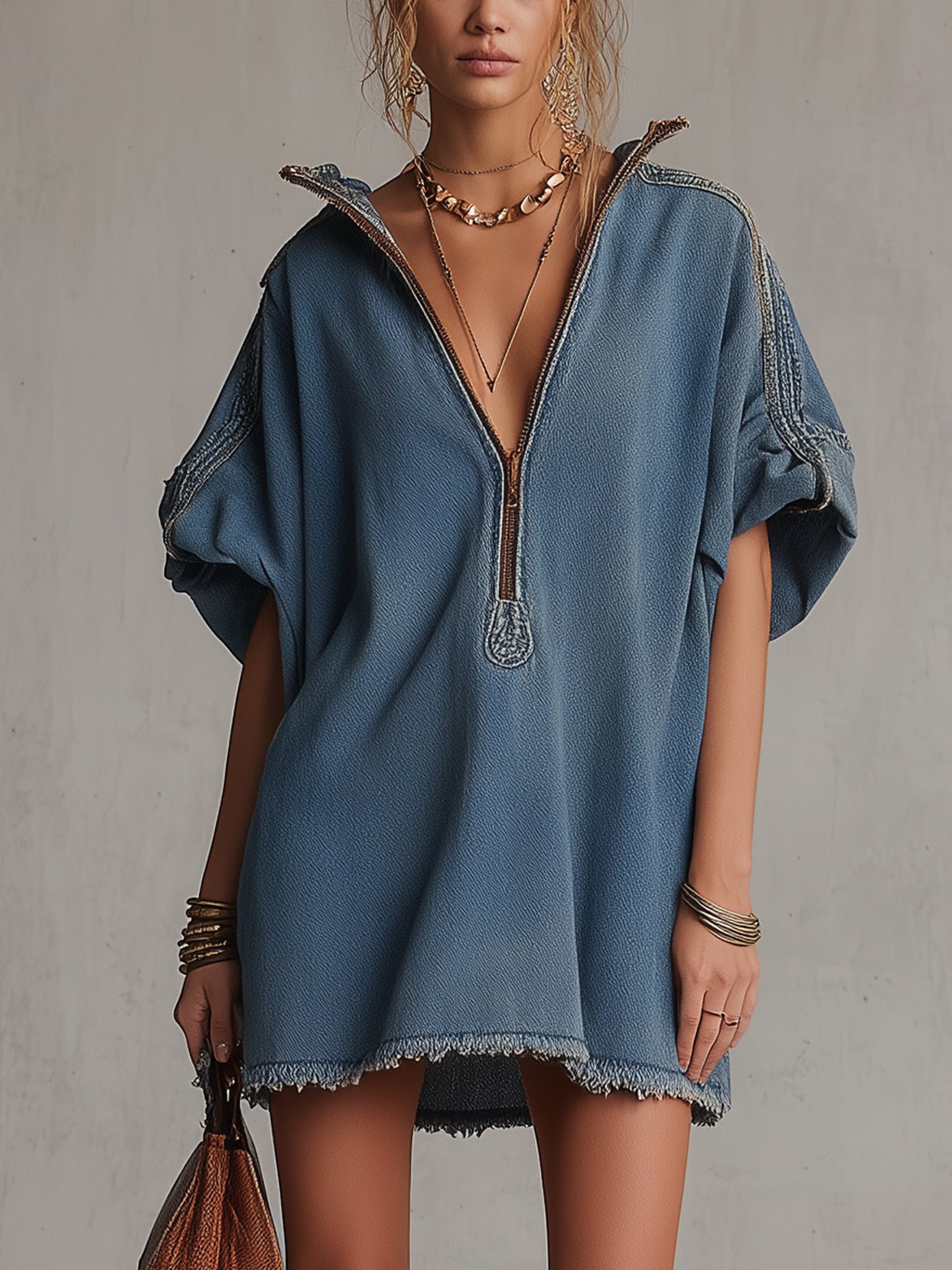 Blue Washed Short Sleeve Mini Denim Dress