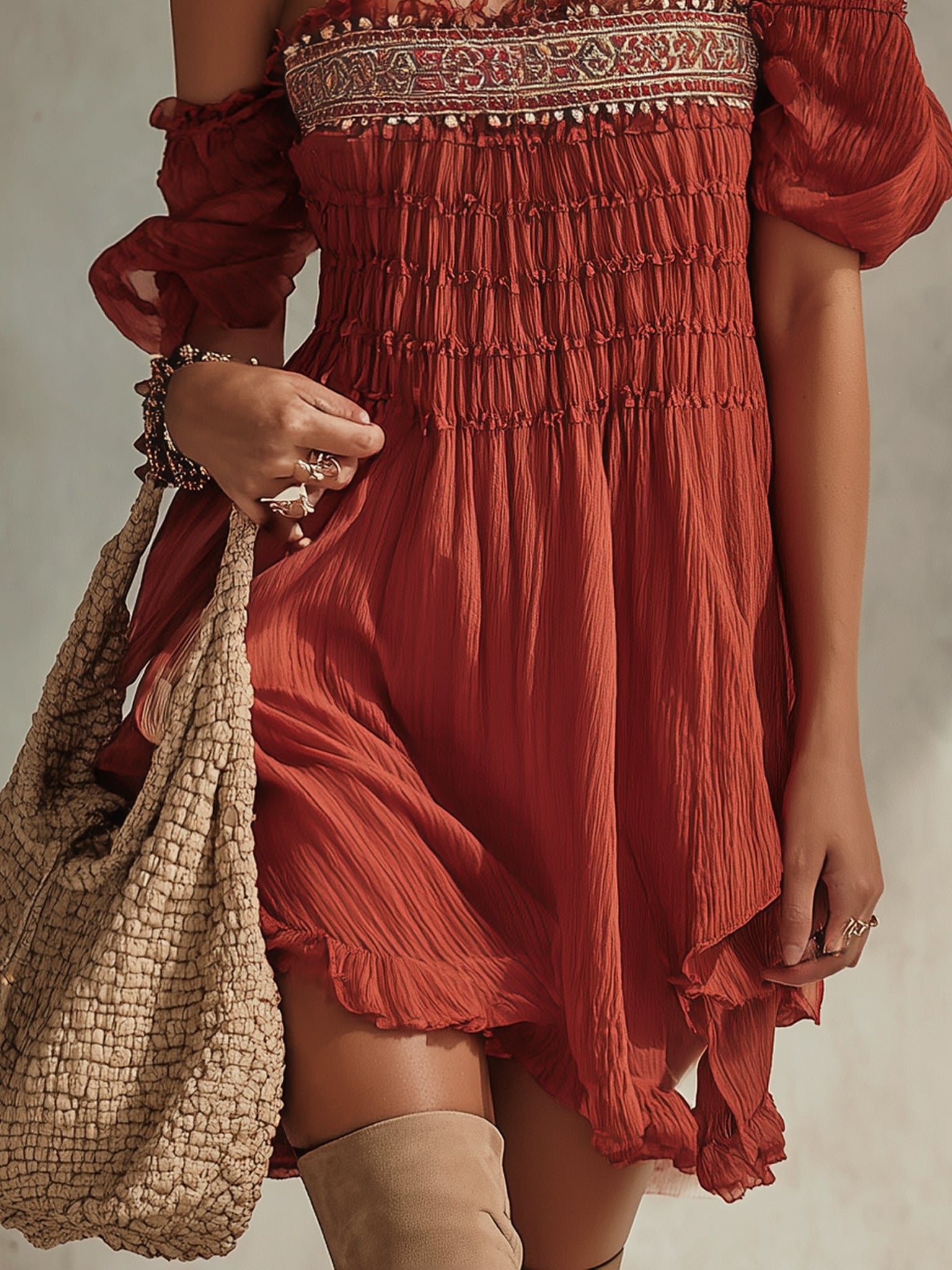 Vintage Red Chiffon Embroidered Mini Dress