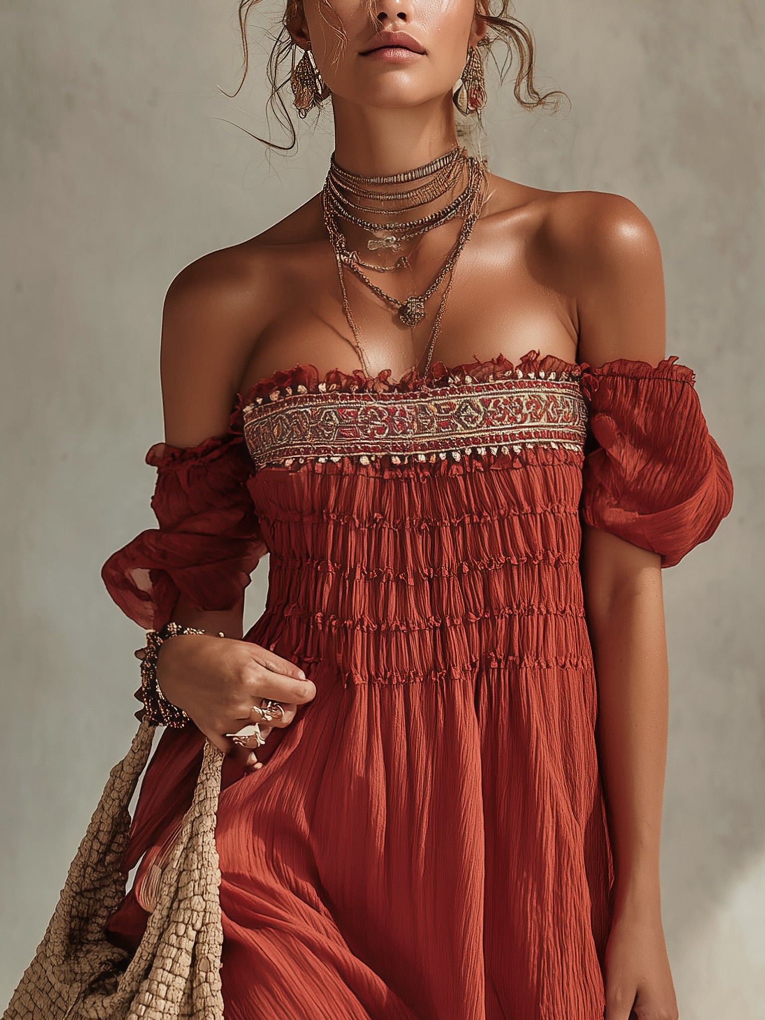 Vintage Red Chiffon Embroidered Mini Dress