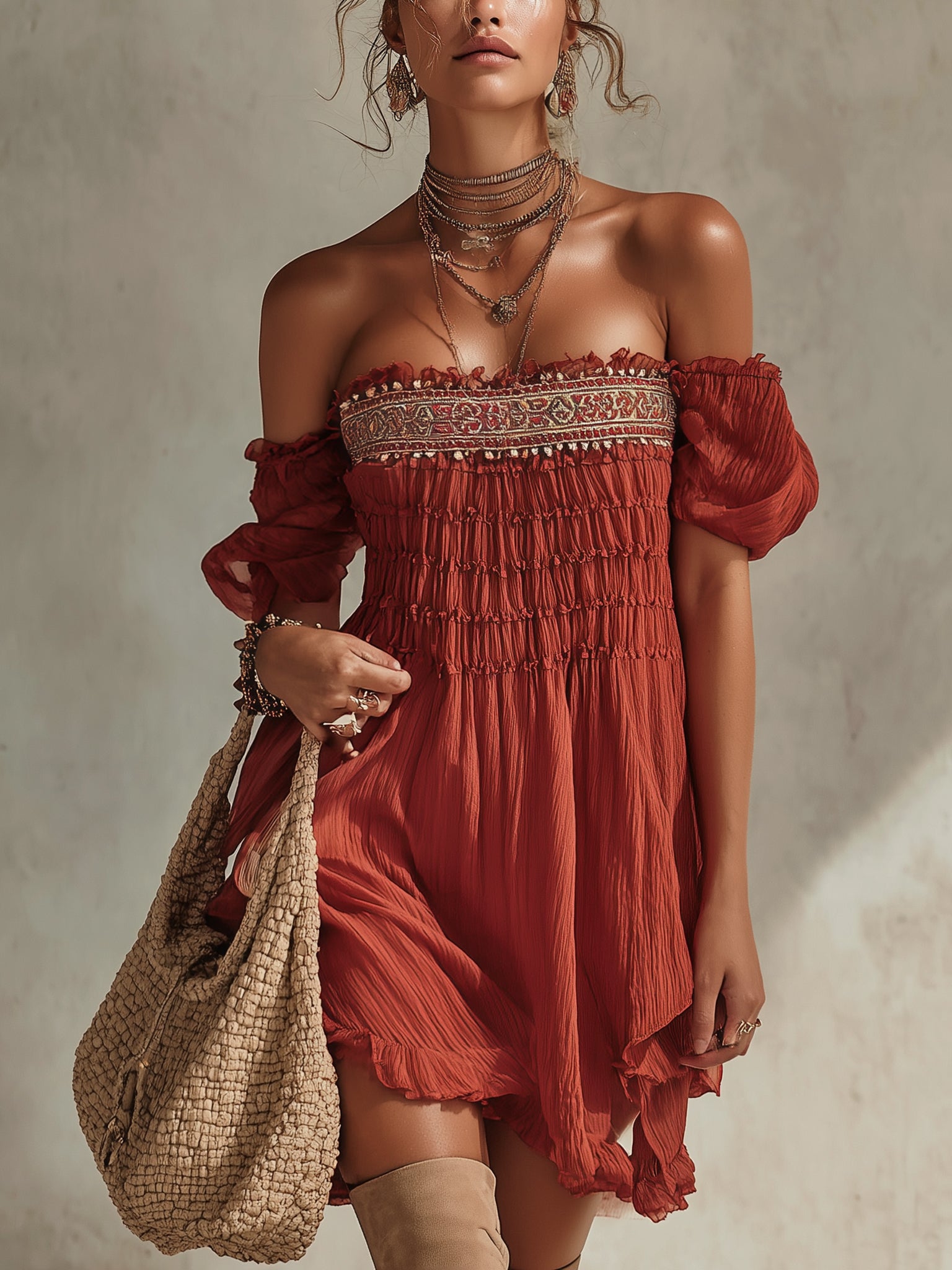 Vintage Red Chiffon Embroidered Mini Dress