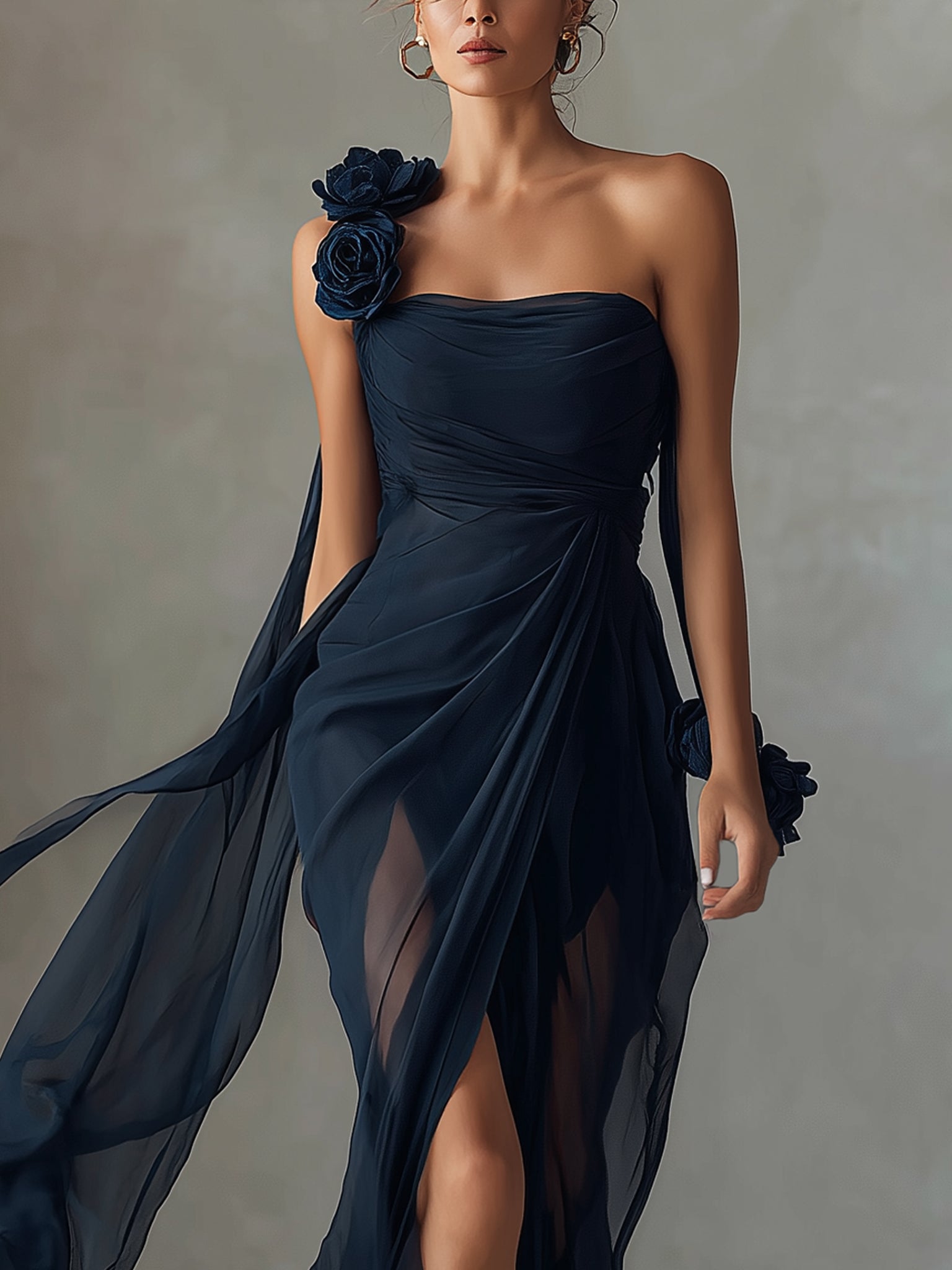 Deep Blue Asymmetric Chiffon Maxi Dress With Floral Accents