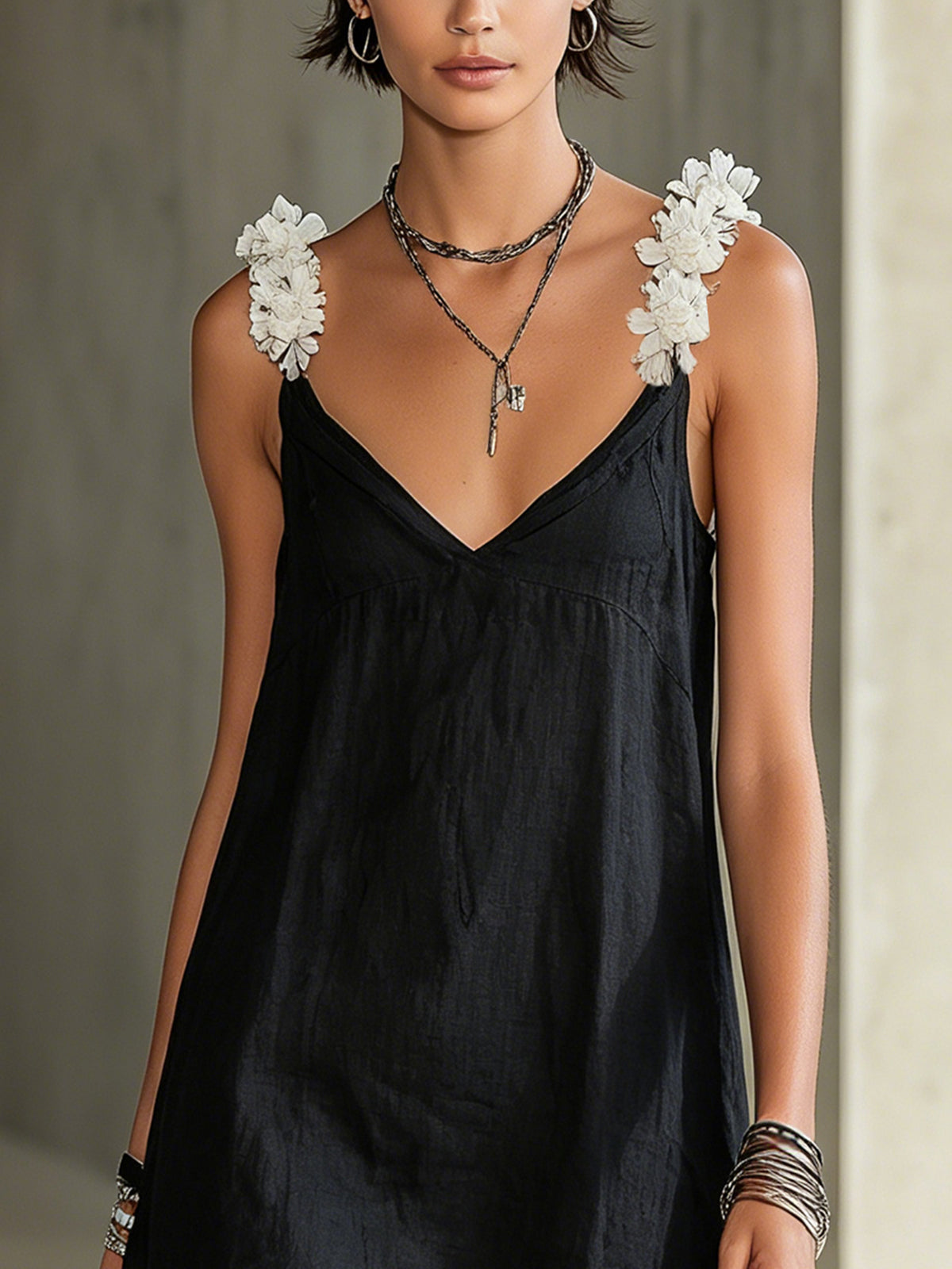 Black V-Neck Mini Dress With Floral Shoulder Straps