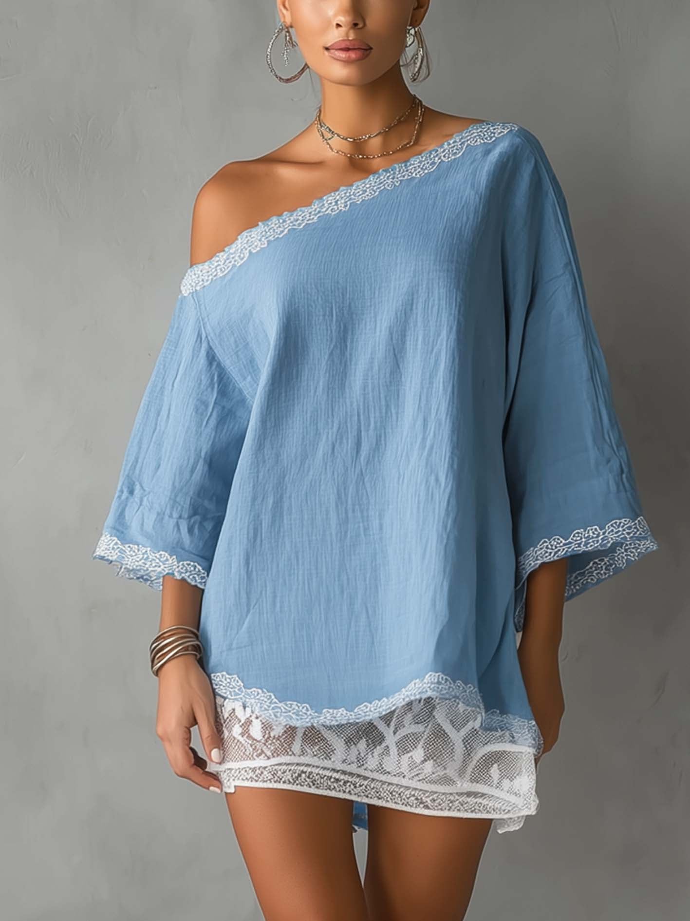 One Shoulder Light Blue Cotton Linen Mini Dress With White Lace