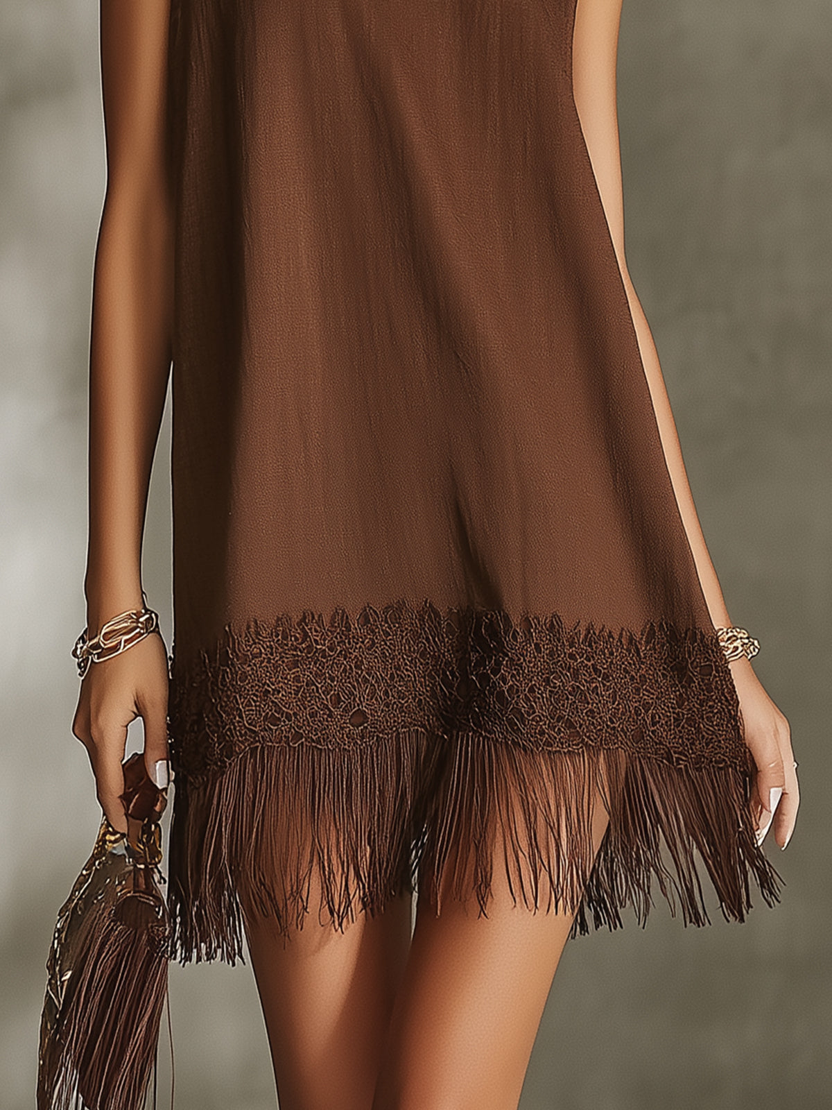 Brown Fringe Hem Sleeveless Mini Dress With Lace Detailing