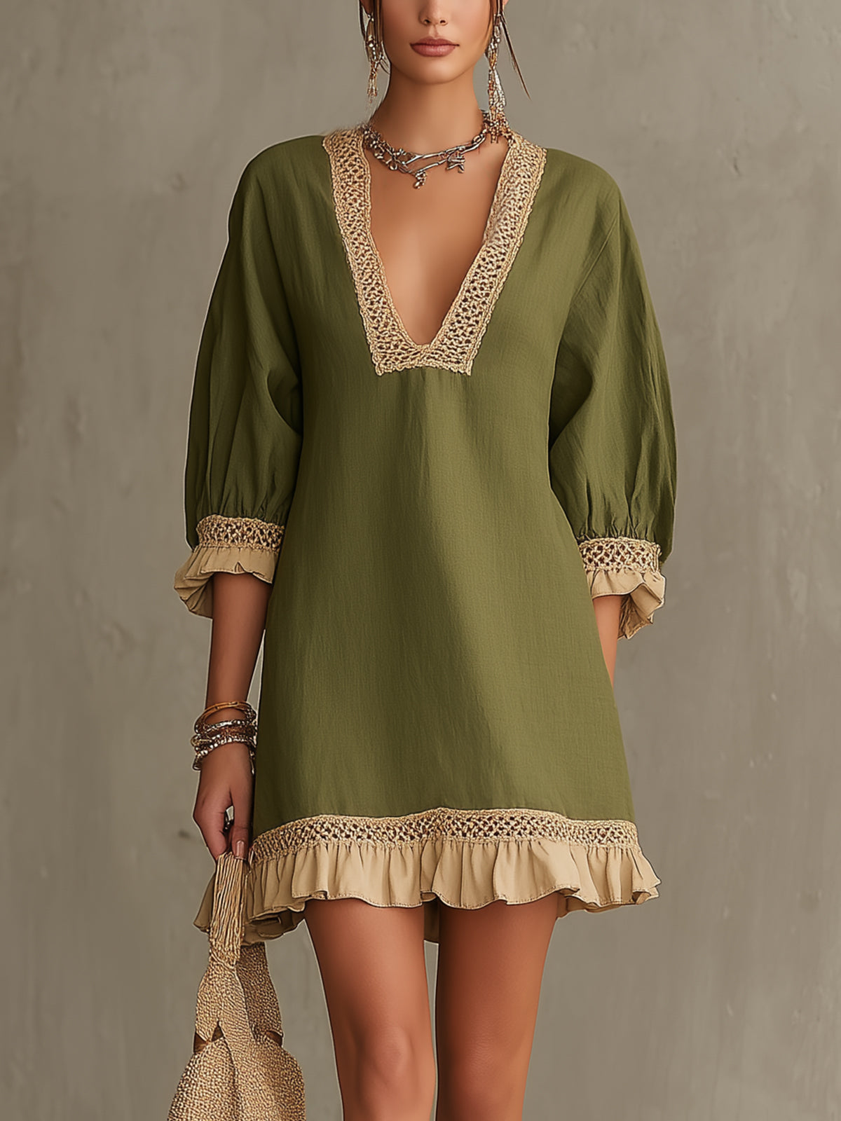 Olive Crochet-Trim Puff Sleeve Mini Dress