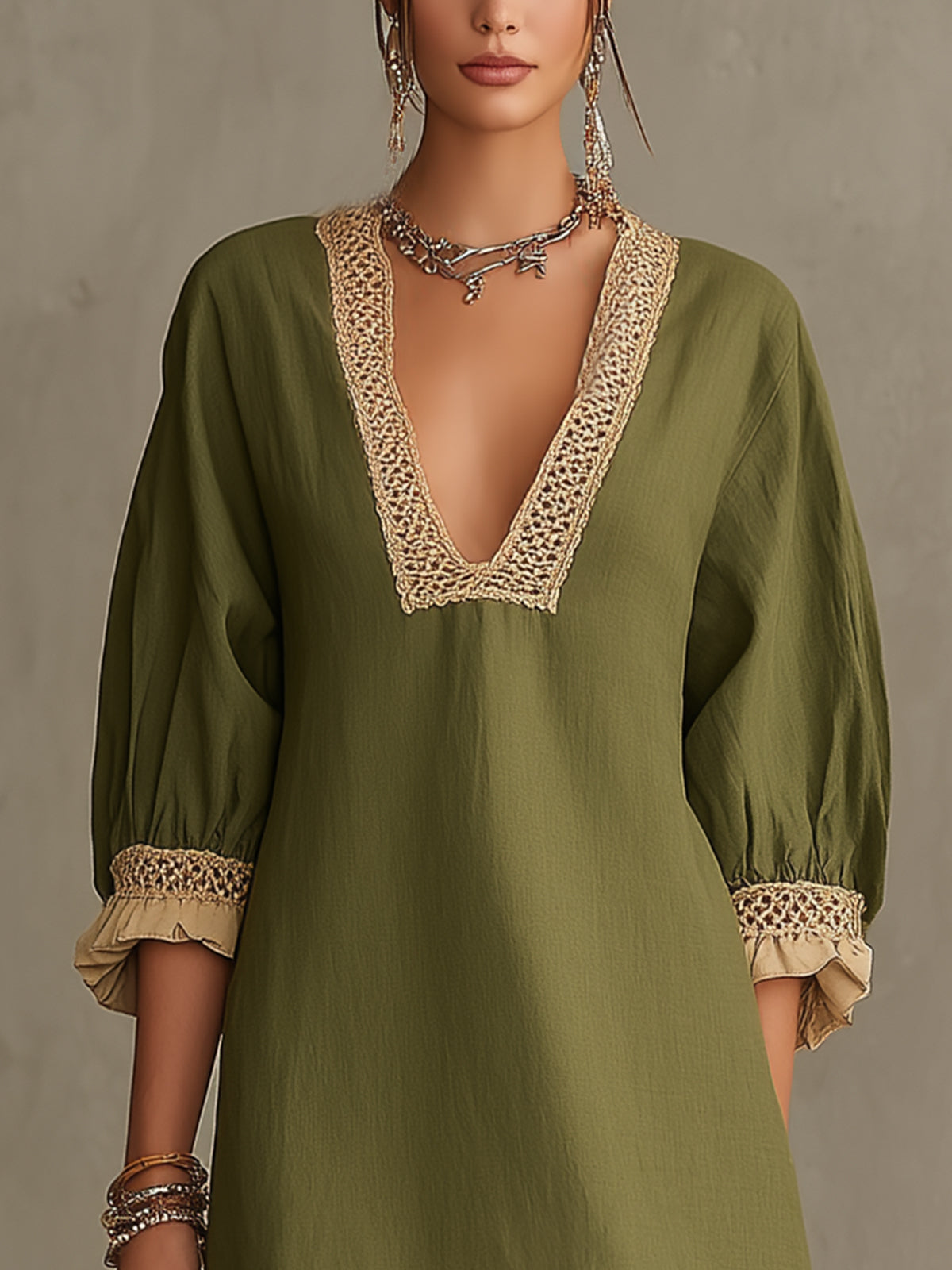 Olive Crochet-Trim Puff Sleeve Mini Dress