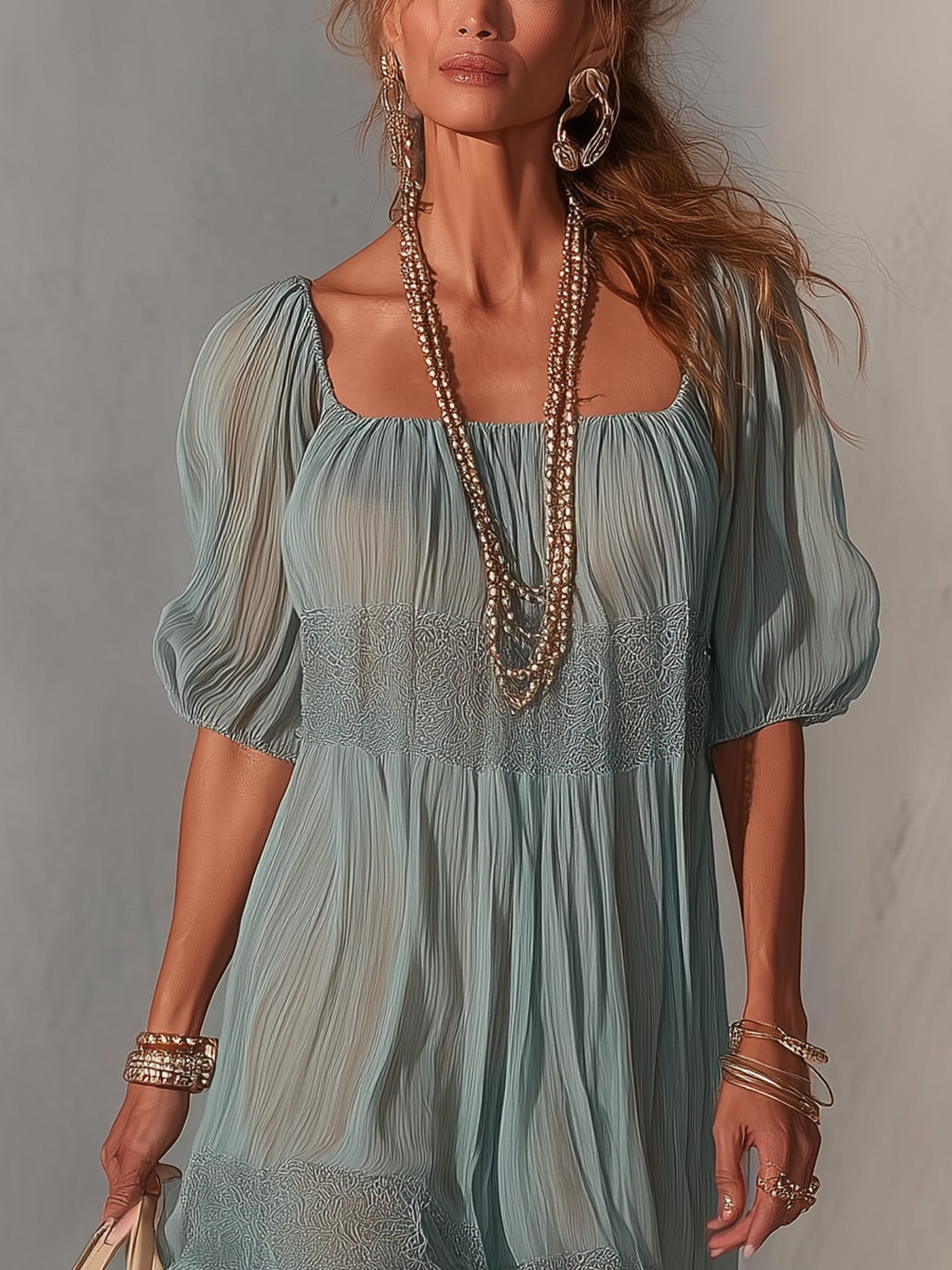 Blue Pleated Lace Midi Dress