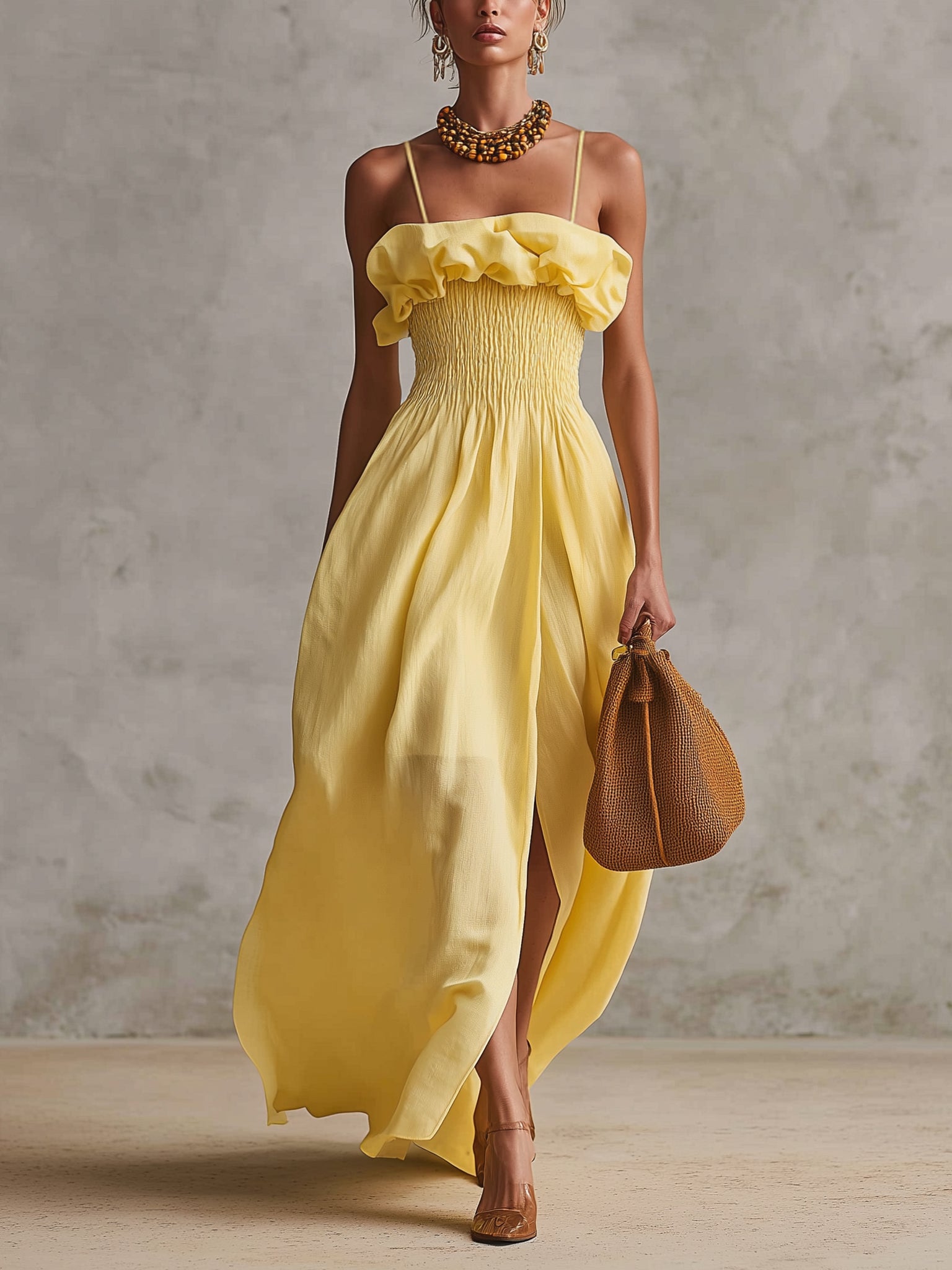 Yellow Ruched Linen Strappy Maxi Dress