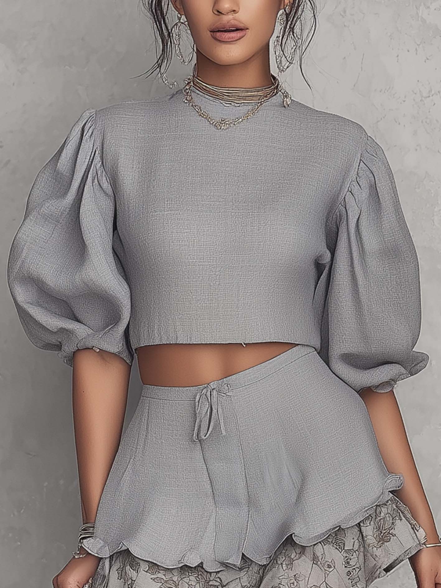 Light Gray Puff Sleeve Chiffon Set