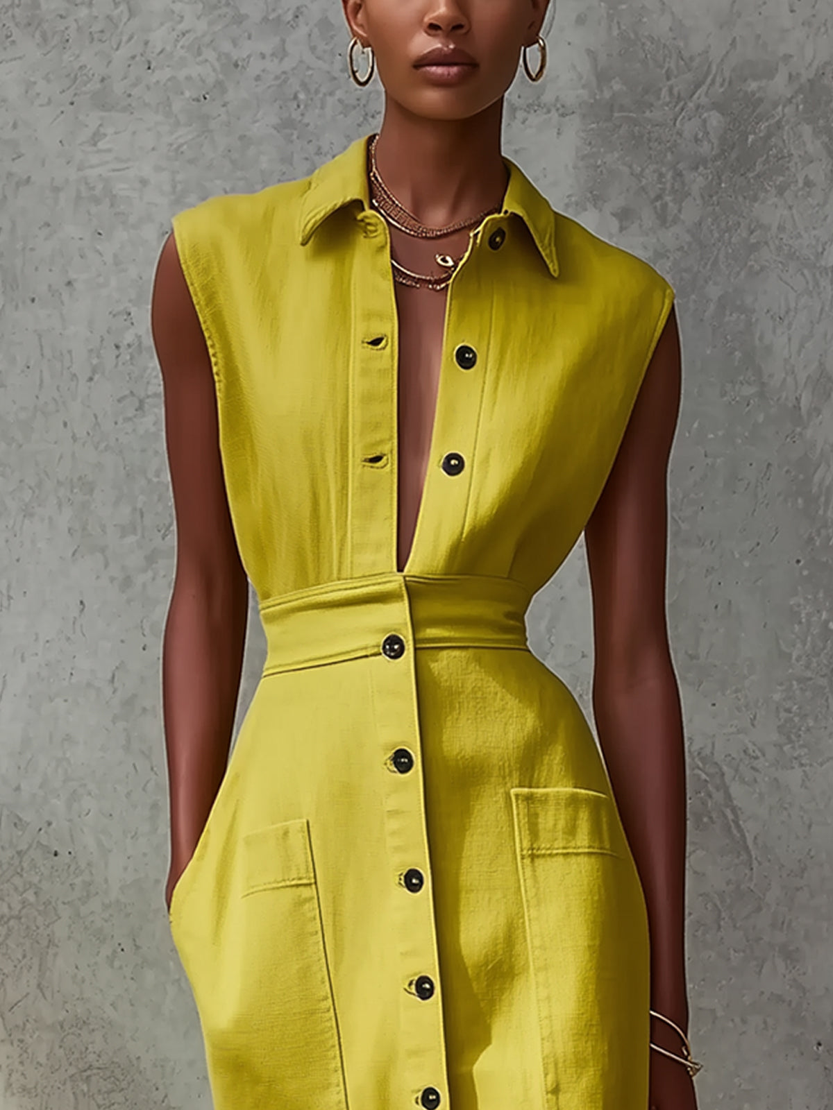 Green Button-Front Sleeveless Collared Midi Dress