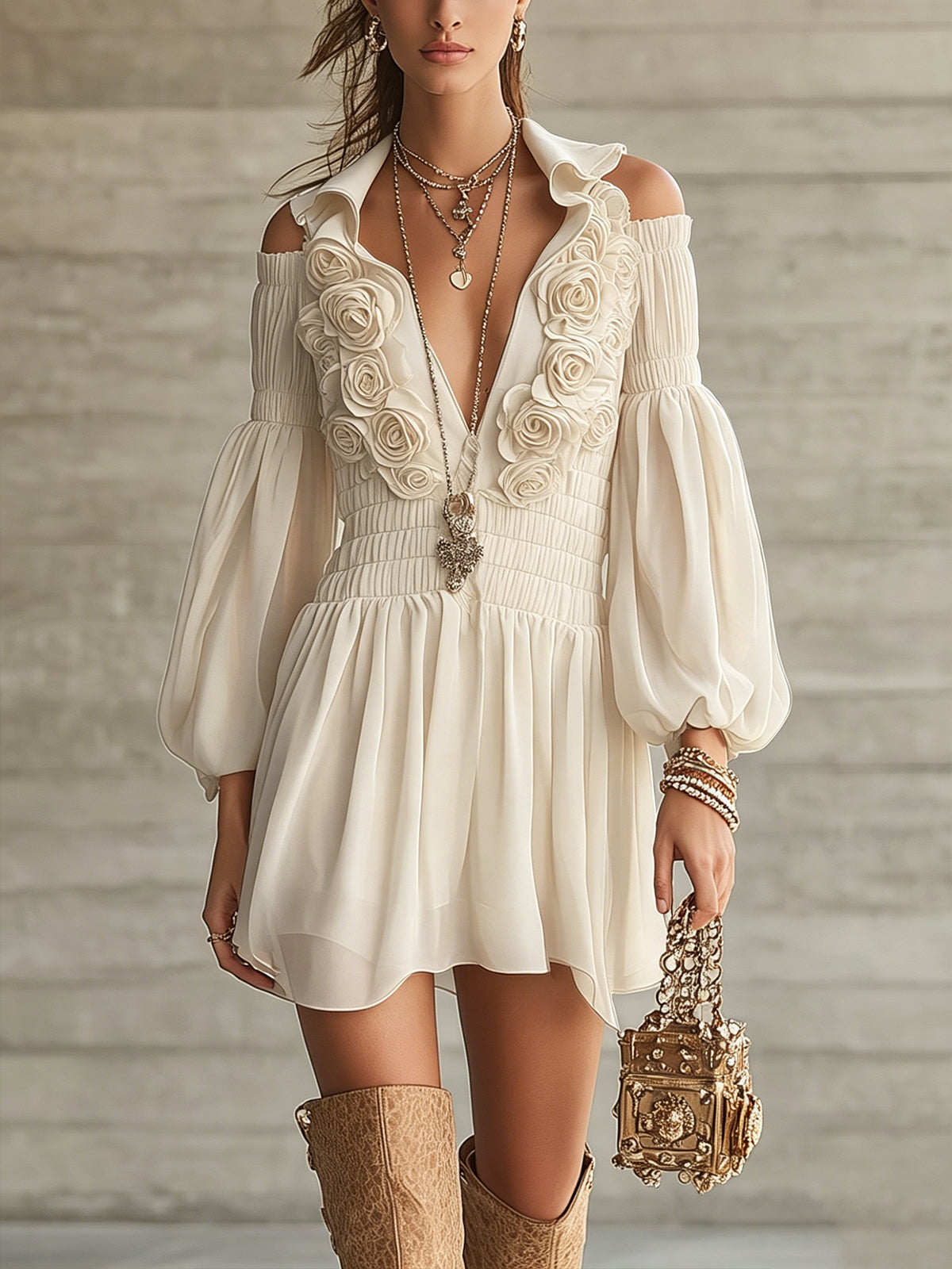 Ivory Off-Shoulder Rose Detail Long Sleeve Mini Dress