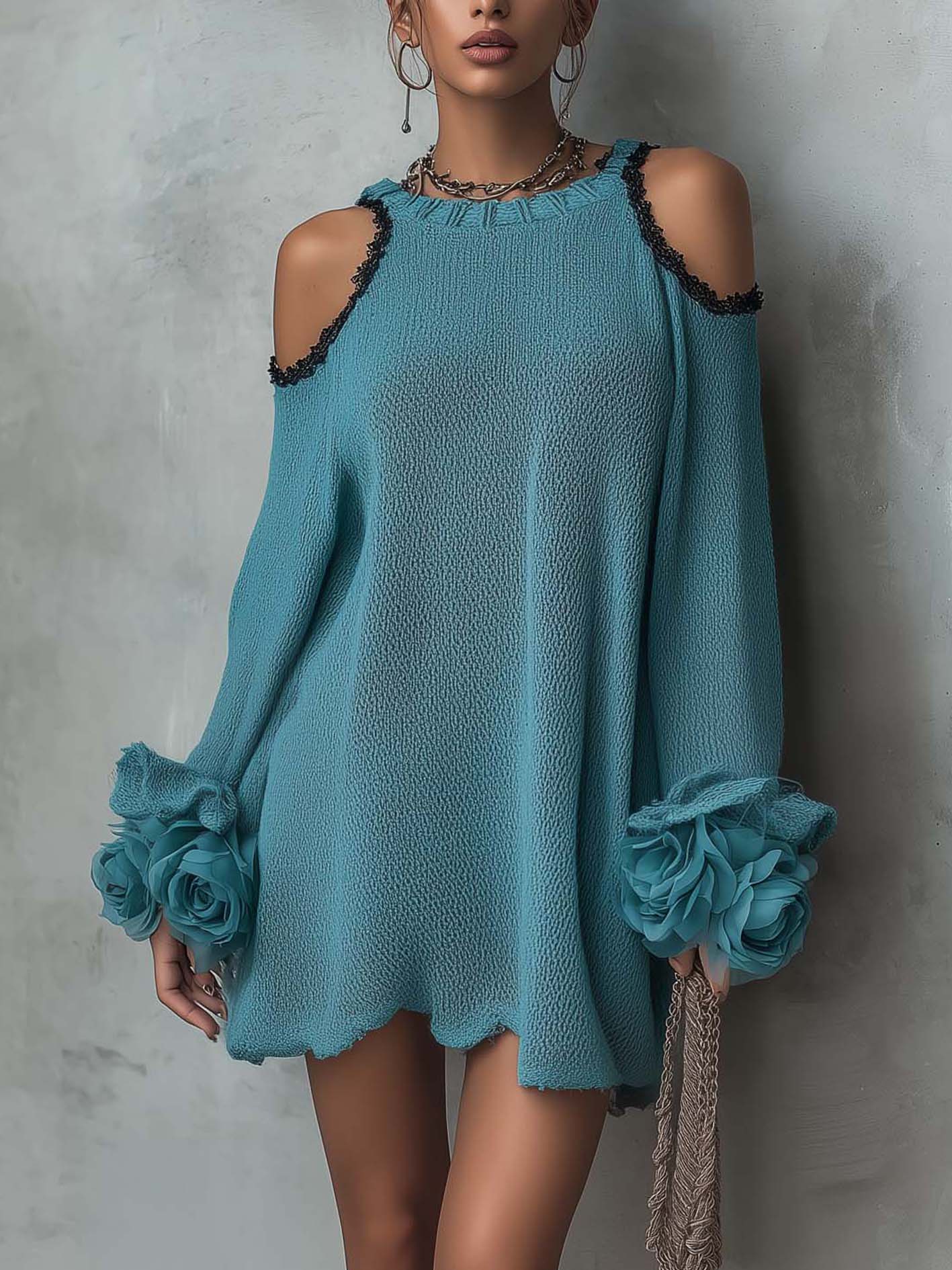 Teal Cold Shoulder Knit Mini Dress With 3D Floral Ruffle Sleeves