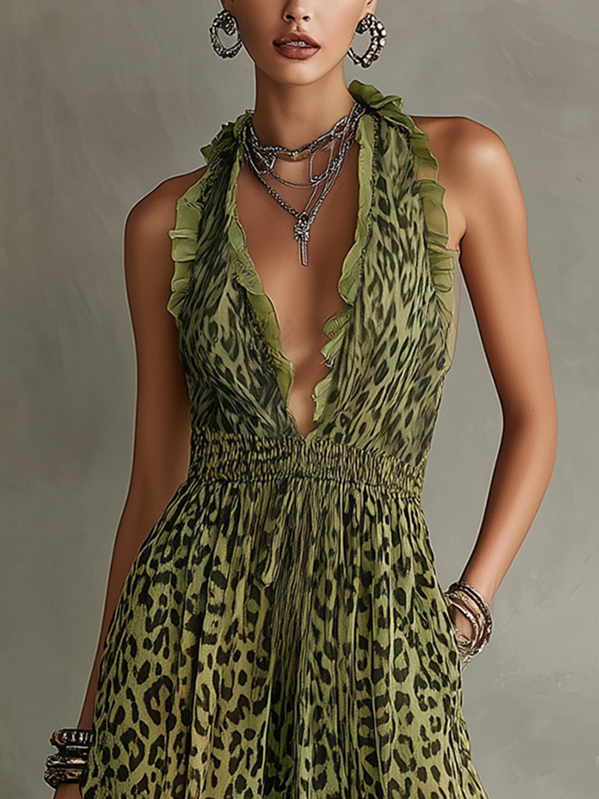 Green Leopard Print Ruffled Maxi Dress