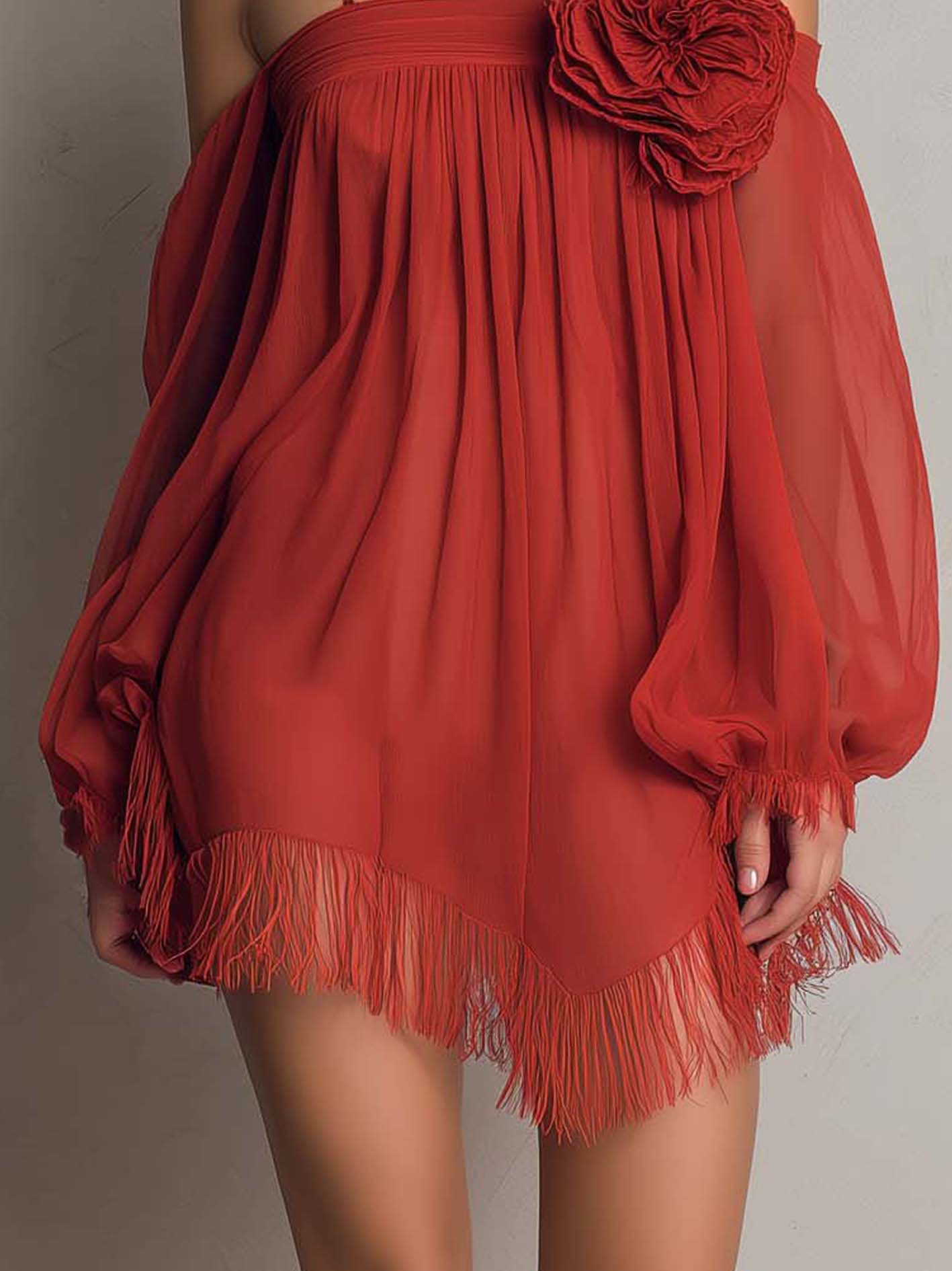 Terracotta Chiffon Off-Shoulder Mini Dress With 3D Floral And Fringe Hem