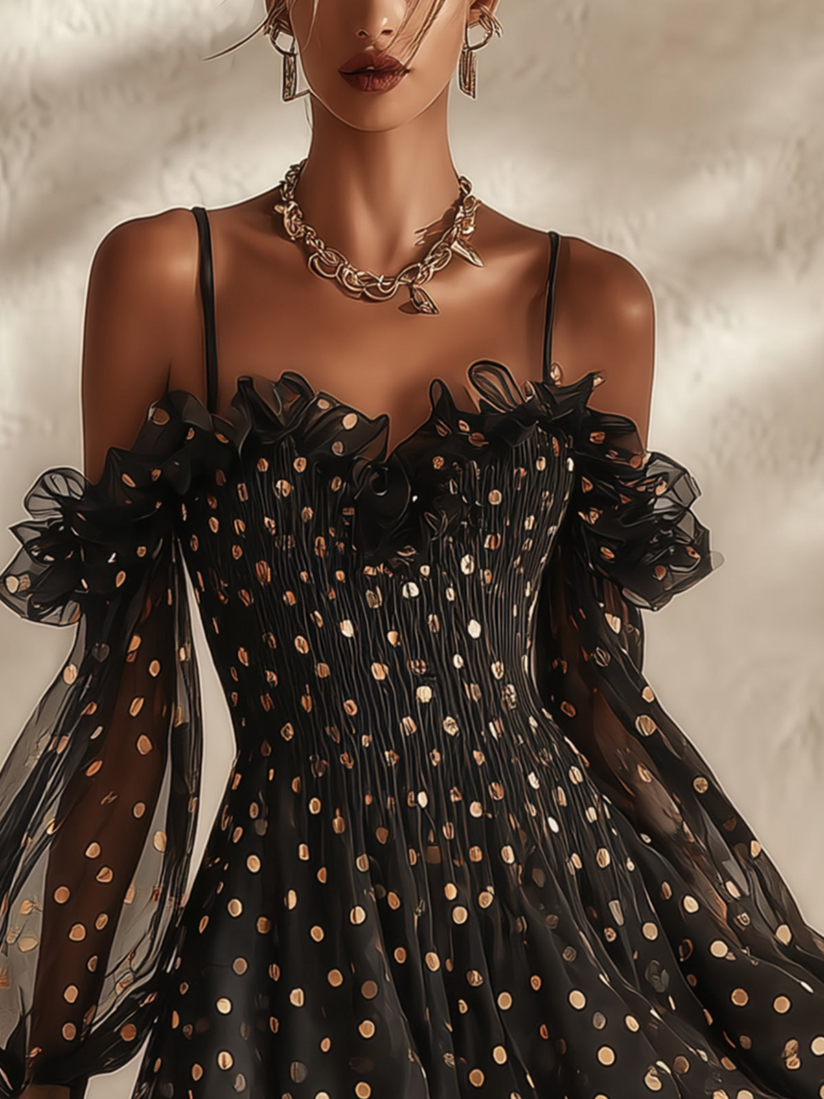 Black Off-Shoulder Polka Dot Ruffled Mini Dress