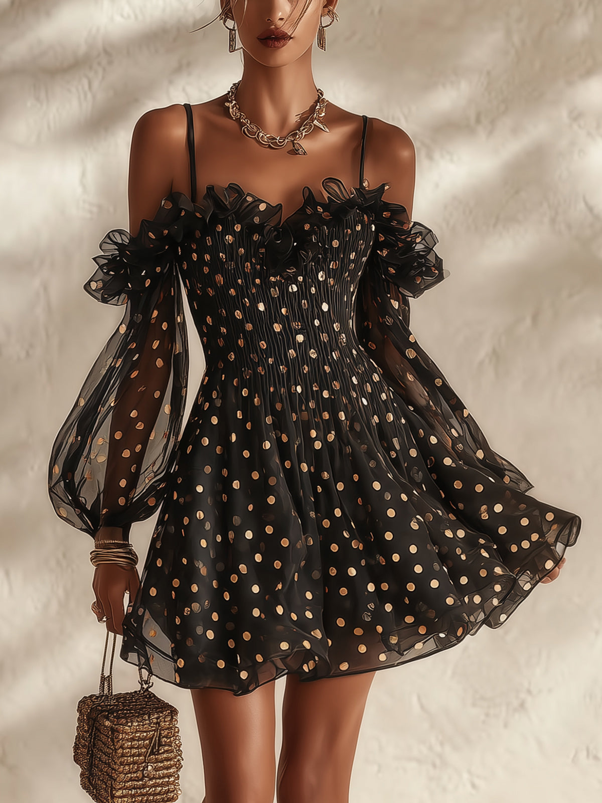 Black Off-Shoulder Polka Dot Ruffled Mini Dress