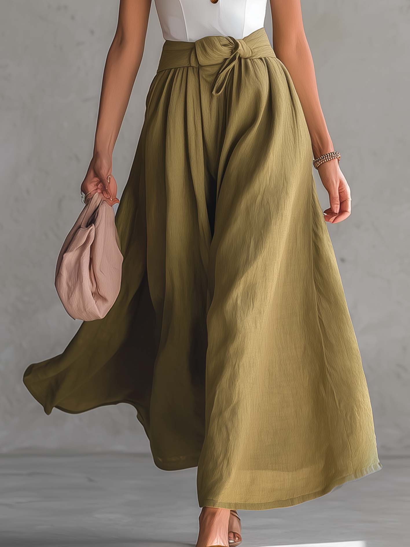 White Button Front T-Shirt And Olive Green Linen Blend Skirt Set