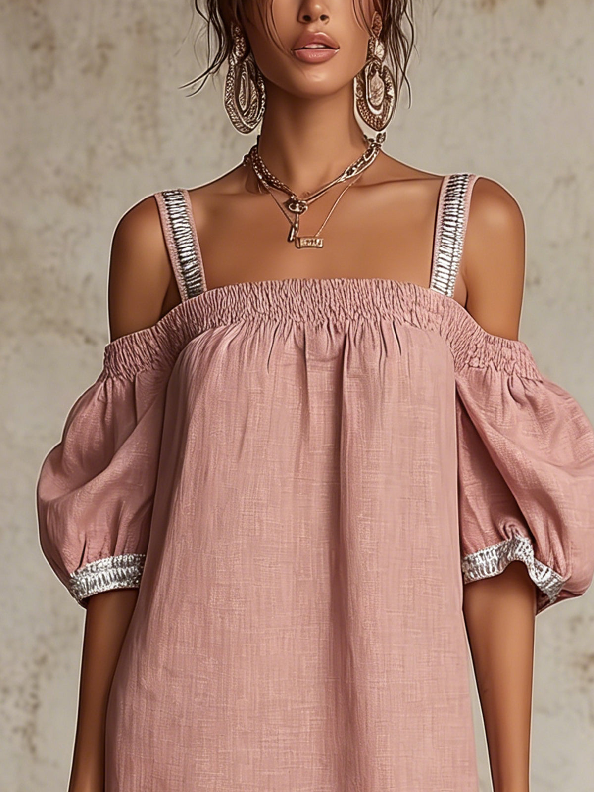Pink Off-Shoulder Mini Dress With Metallic Trim