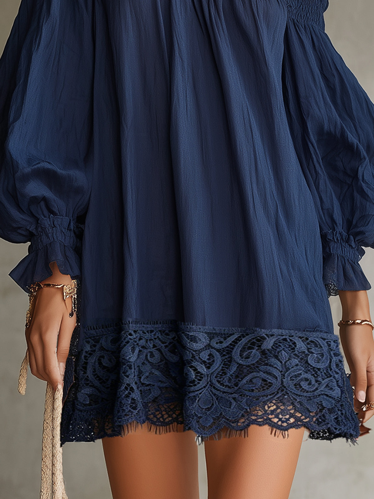 Navy One-Shoulder Lace Trim Mini Dress